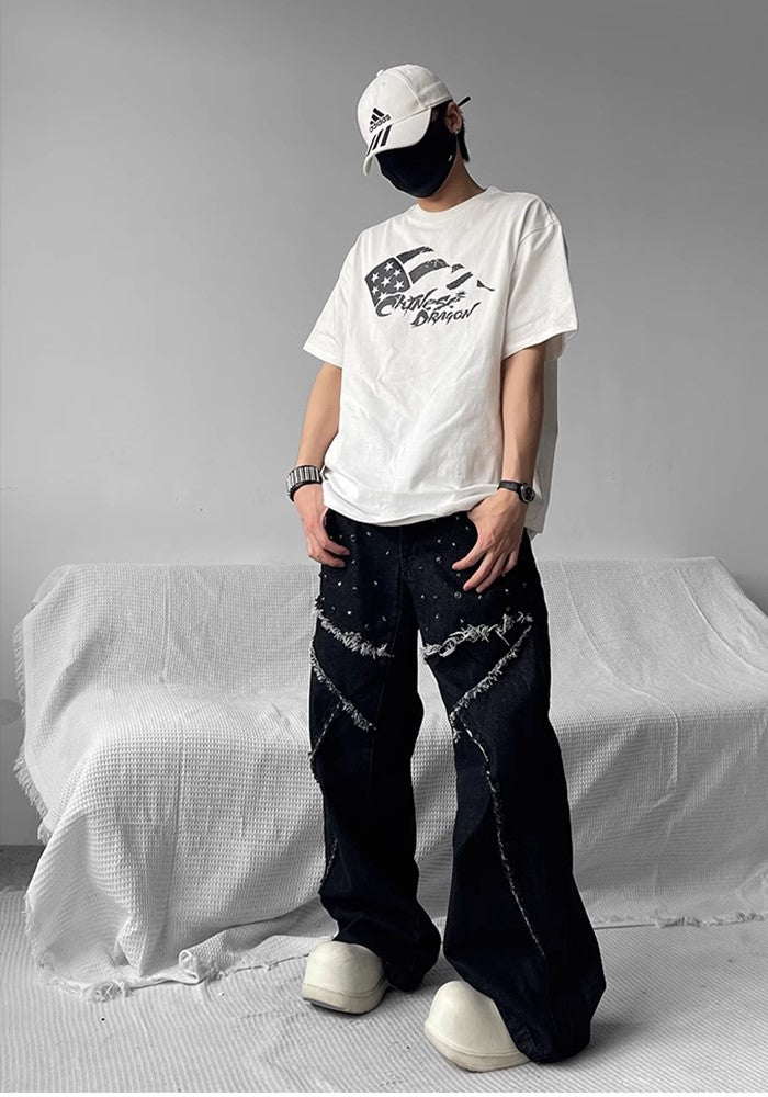 【SHUNP】Fringe patch multi-design wide over denim pants  SP0005