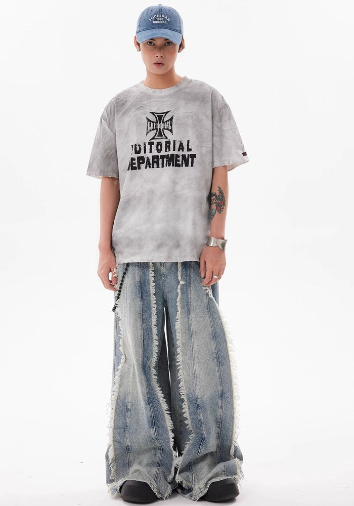 【BTSG】Fringe full design distressed broken dull blue denim pants  BS0023