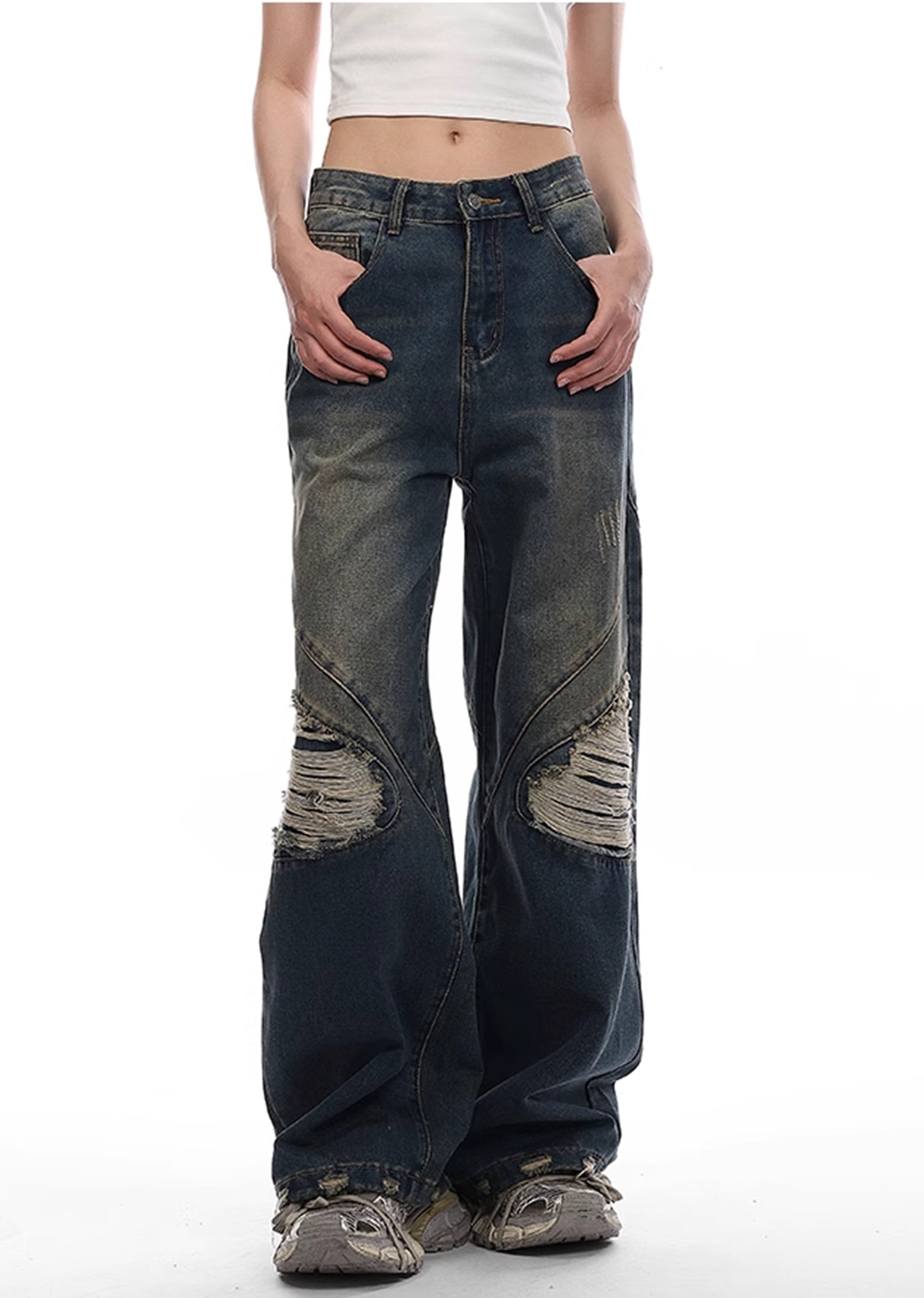 【VINMUK】Distressed wide straight dull denim pants  VM0013