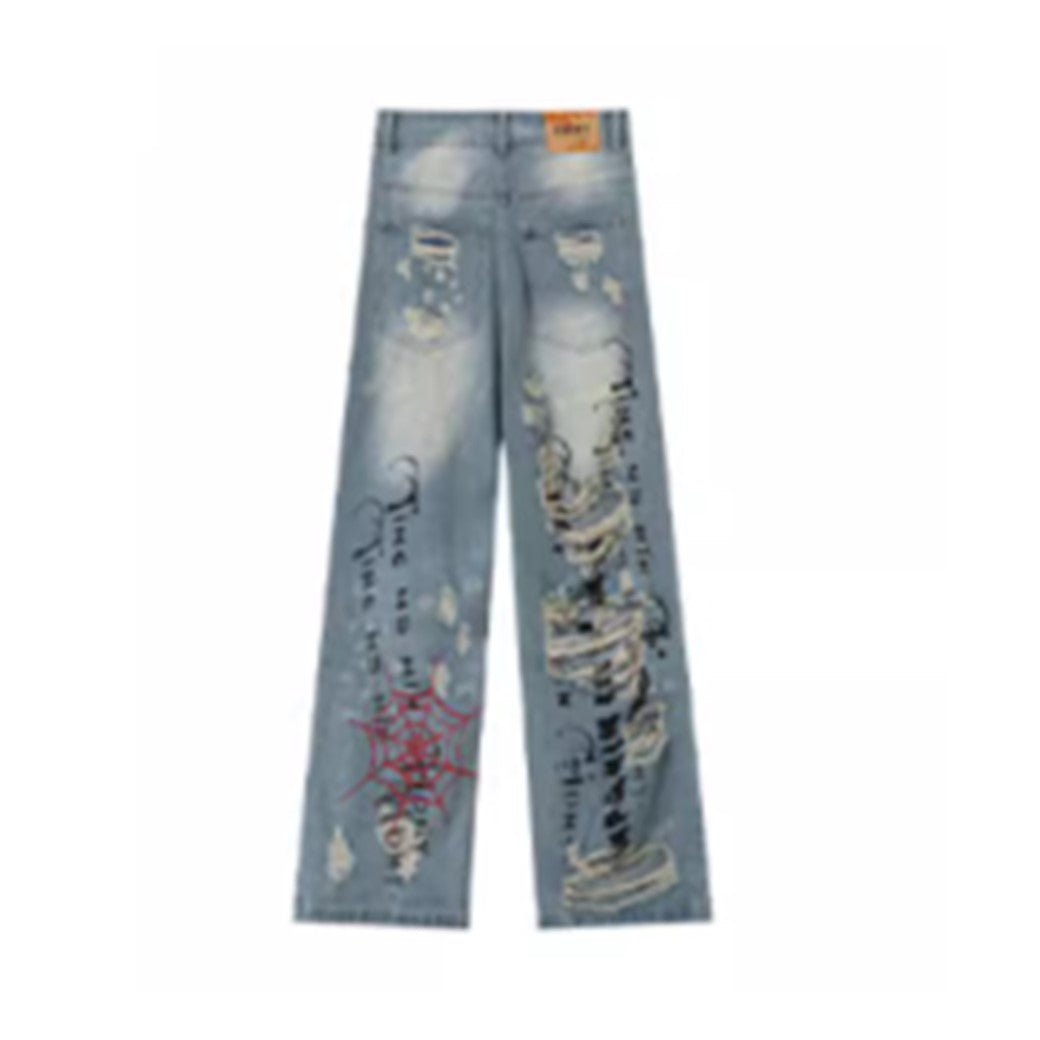 [NIUGULU] Distressed wide silhouette spider design denim pants NG0034