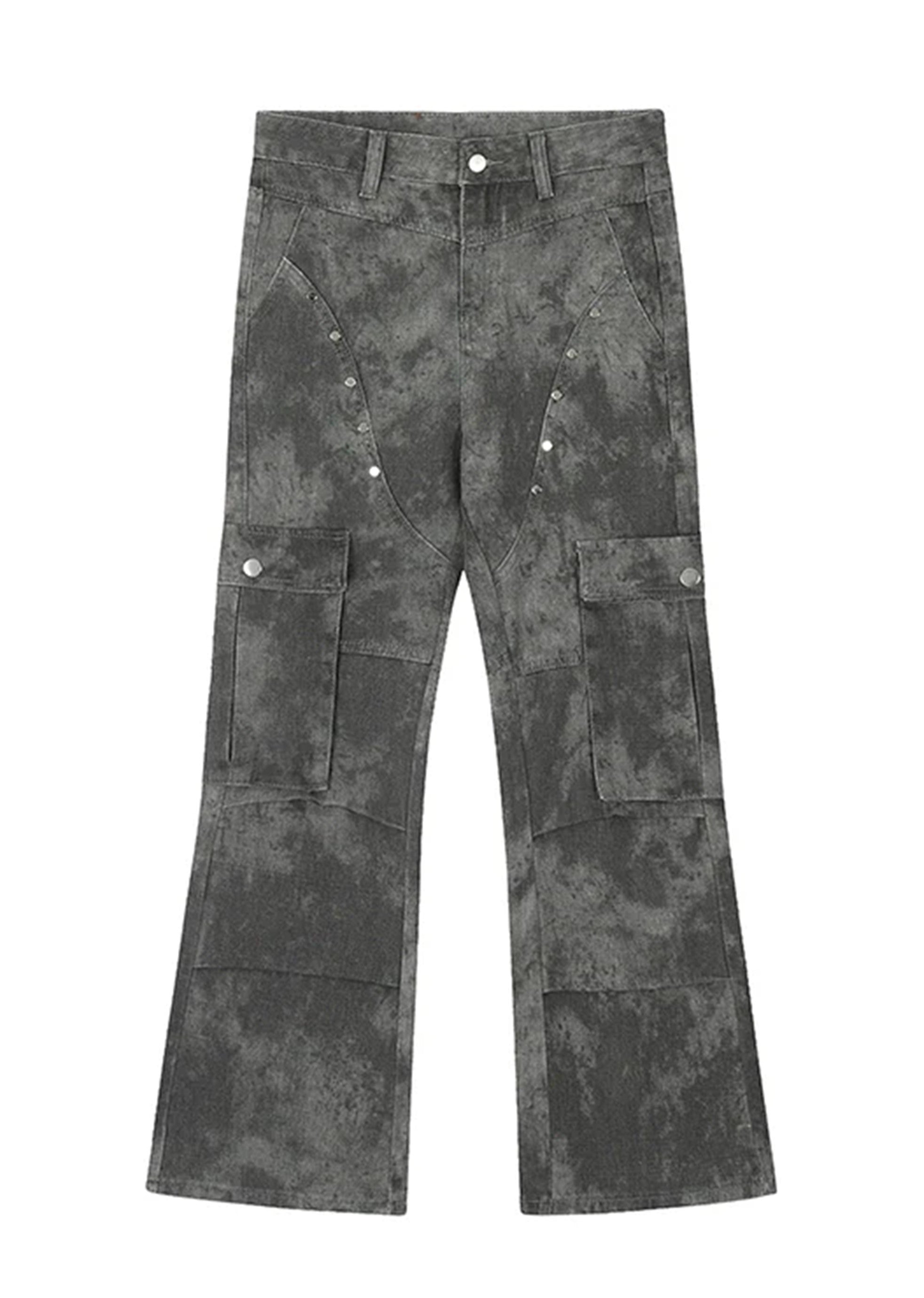 [76street] Dull grunge style vintage processed slim cargo denim pants ST0003