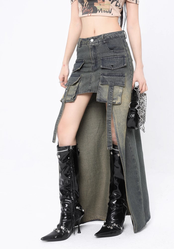 【ROY11】Unique front and back design washed denim skirt  RY0015