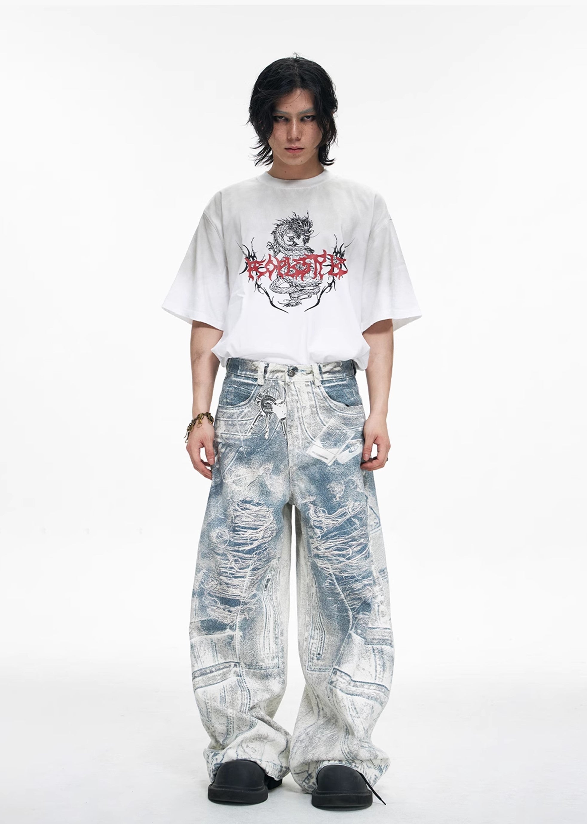 【People Style】Random wash gimmick damage design blue denim pants  PS0028