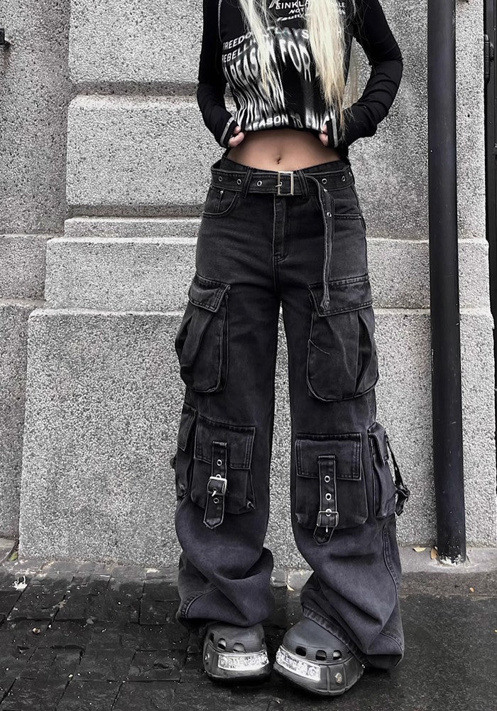 【TR BRUSHSHIFT】Thick fabric wide silhouette multi cargo denim pants  TB0036