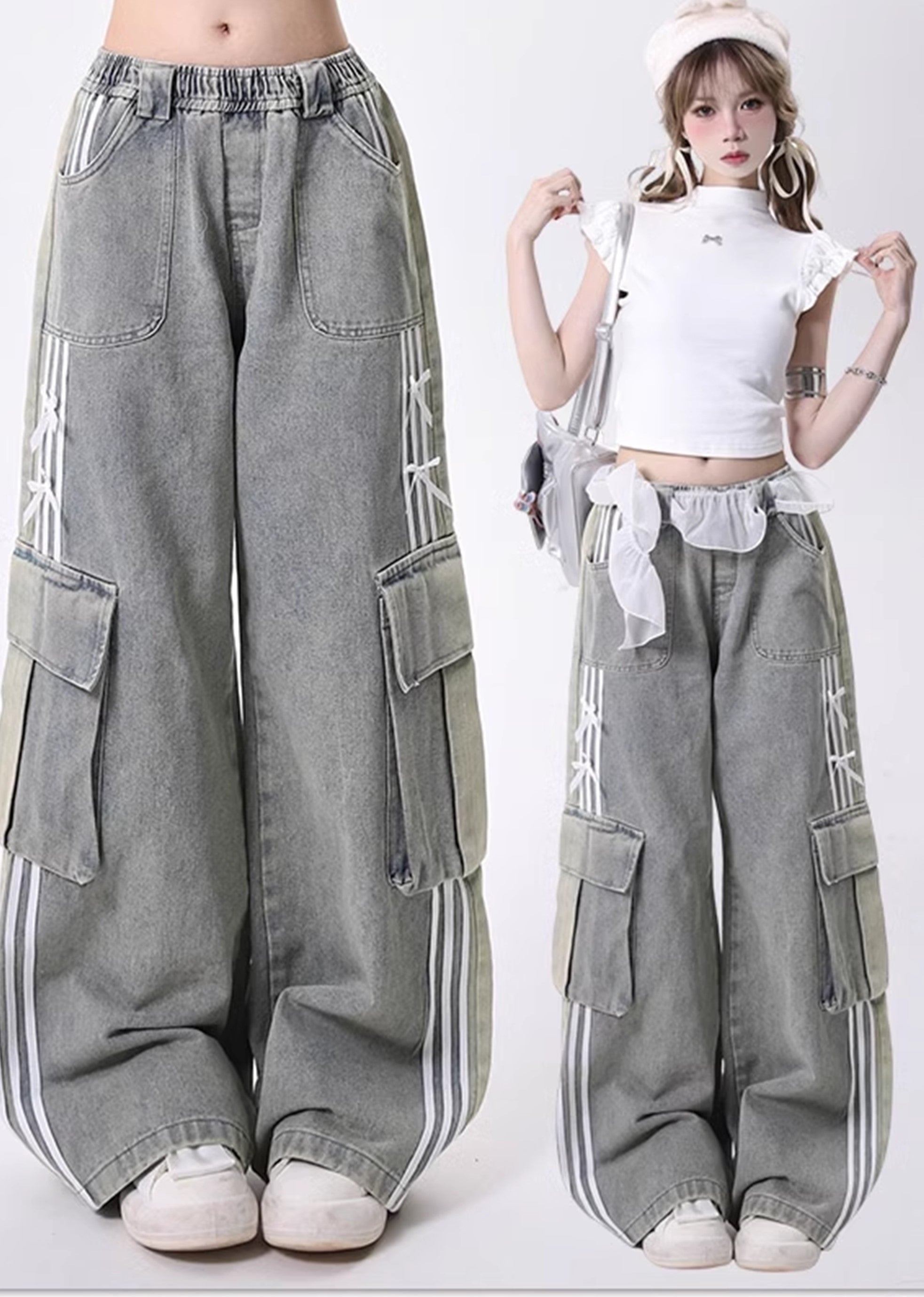 【Rayohopp】Waist frill gimmick line cargo sweat pants  RH0122