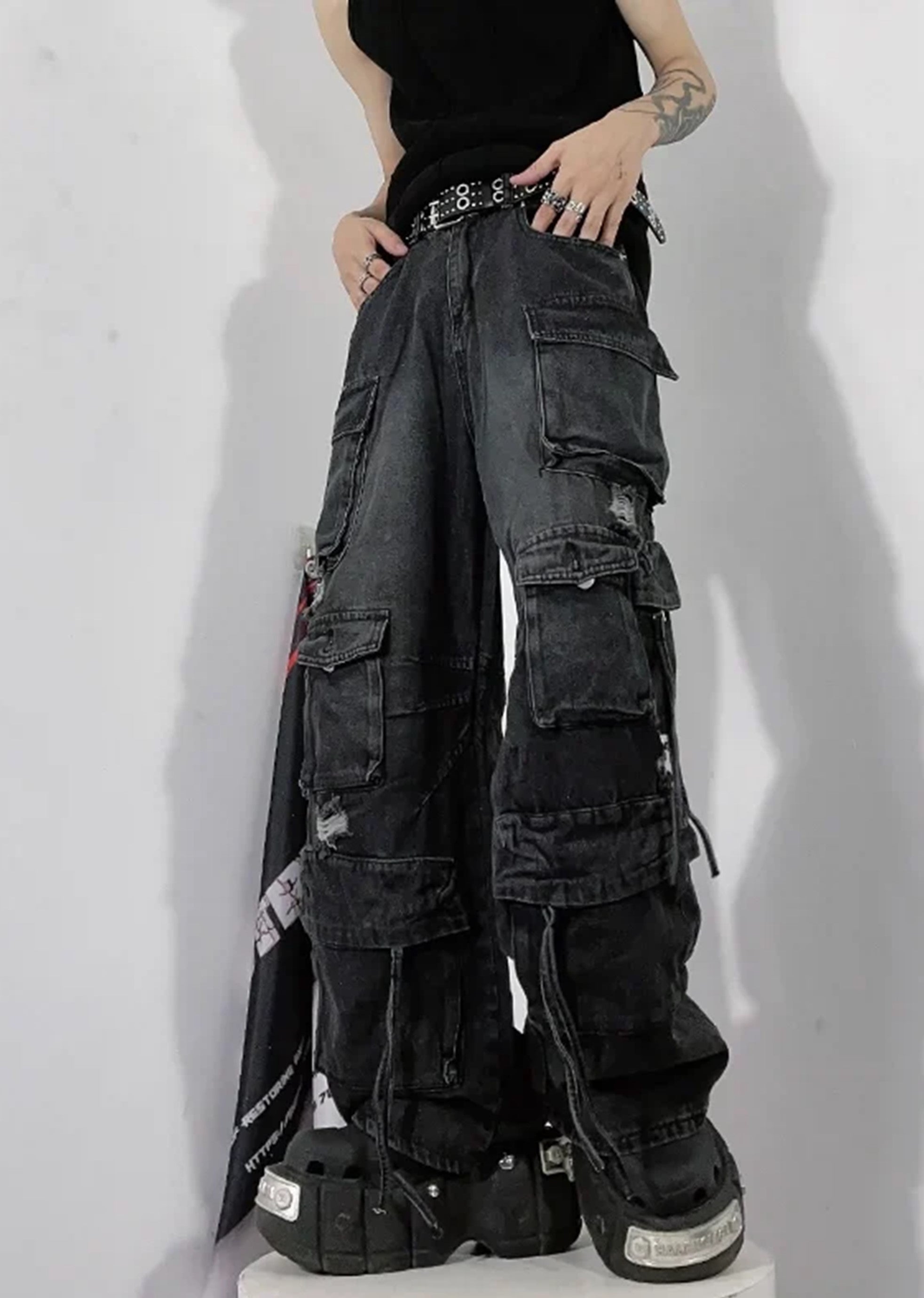 [76street] Countless pocket design dull vintage cargo rise denim pants ST0005