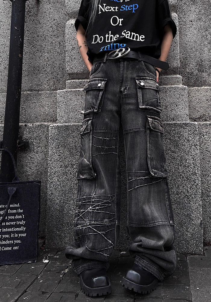 【TR BRUSHSHIFT】Simple double pocket design dull black cargo denim pants  TB0038