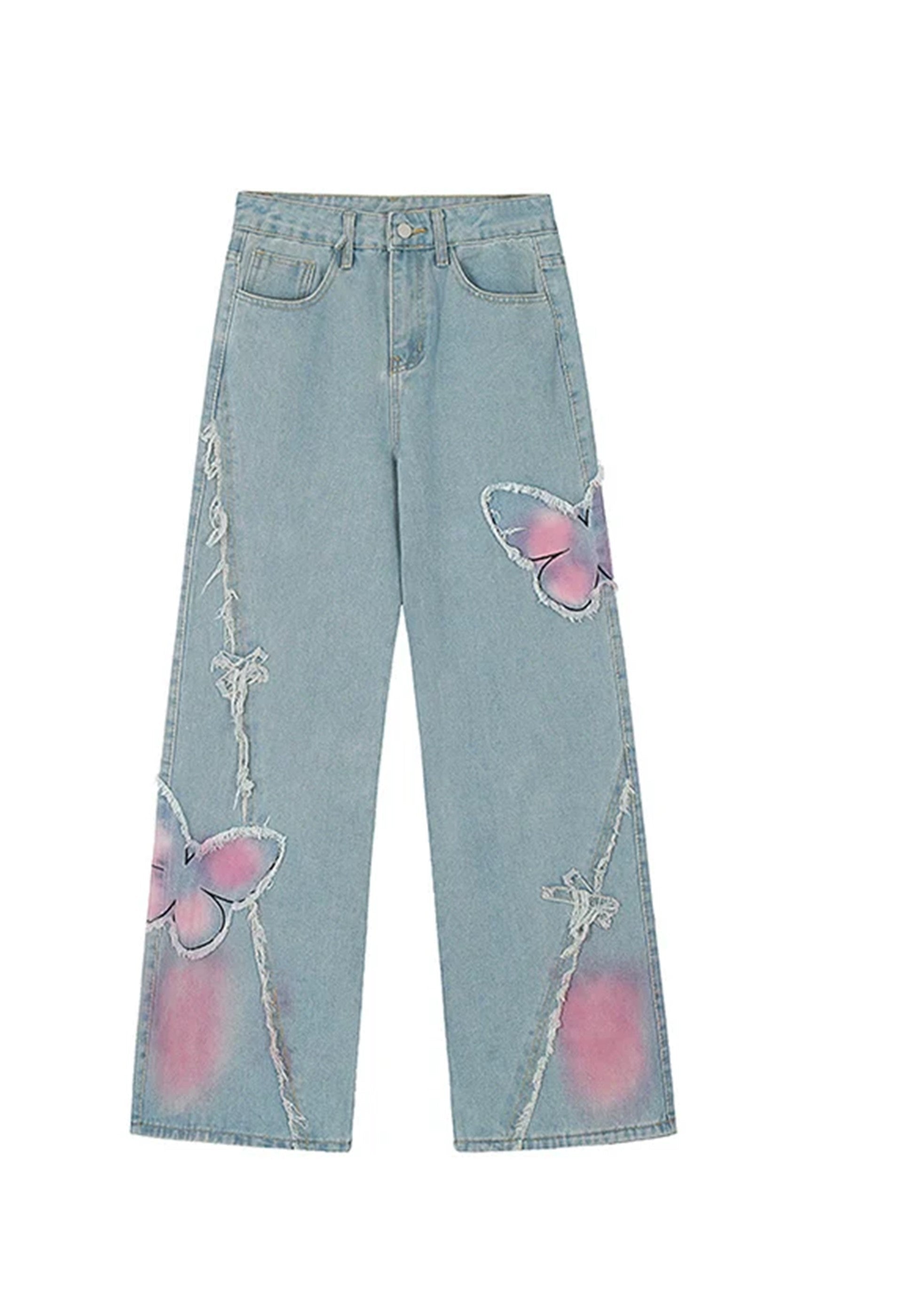 [Rayohopp] Color butterfly design attachment balance denim pants RH0108