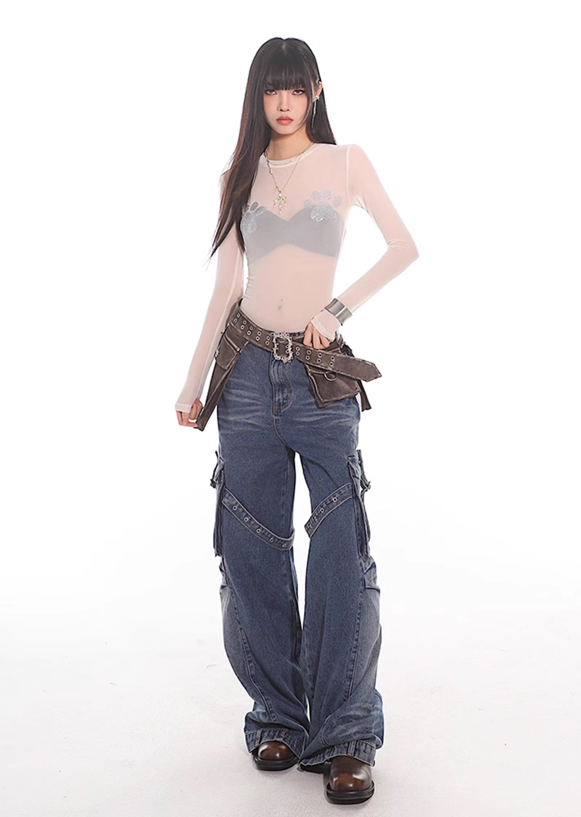 【UNCMHISEX】Side pocket suspender design grunge wash denim pants  UX0033