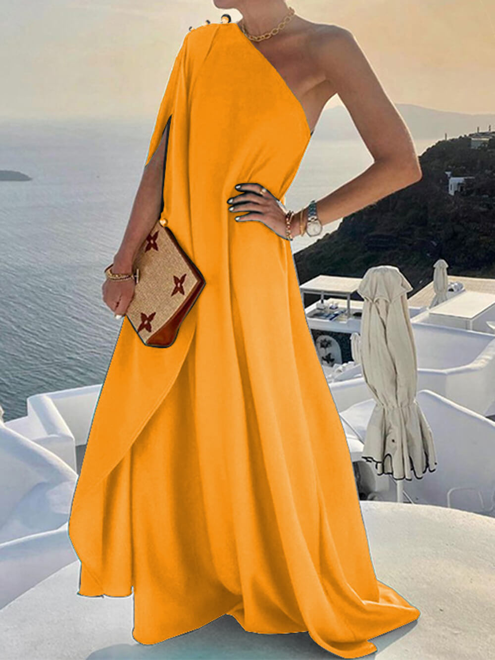 Fashionable Solid Color Loose One Shoulder Maxi Dress