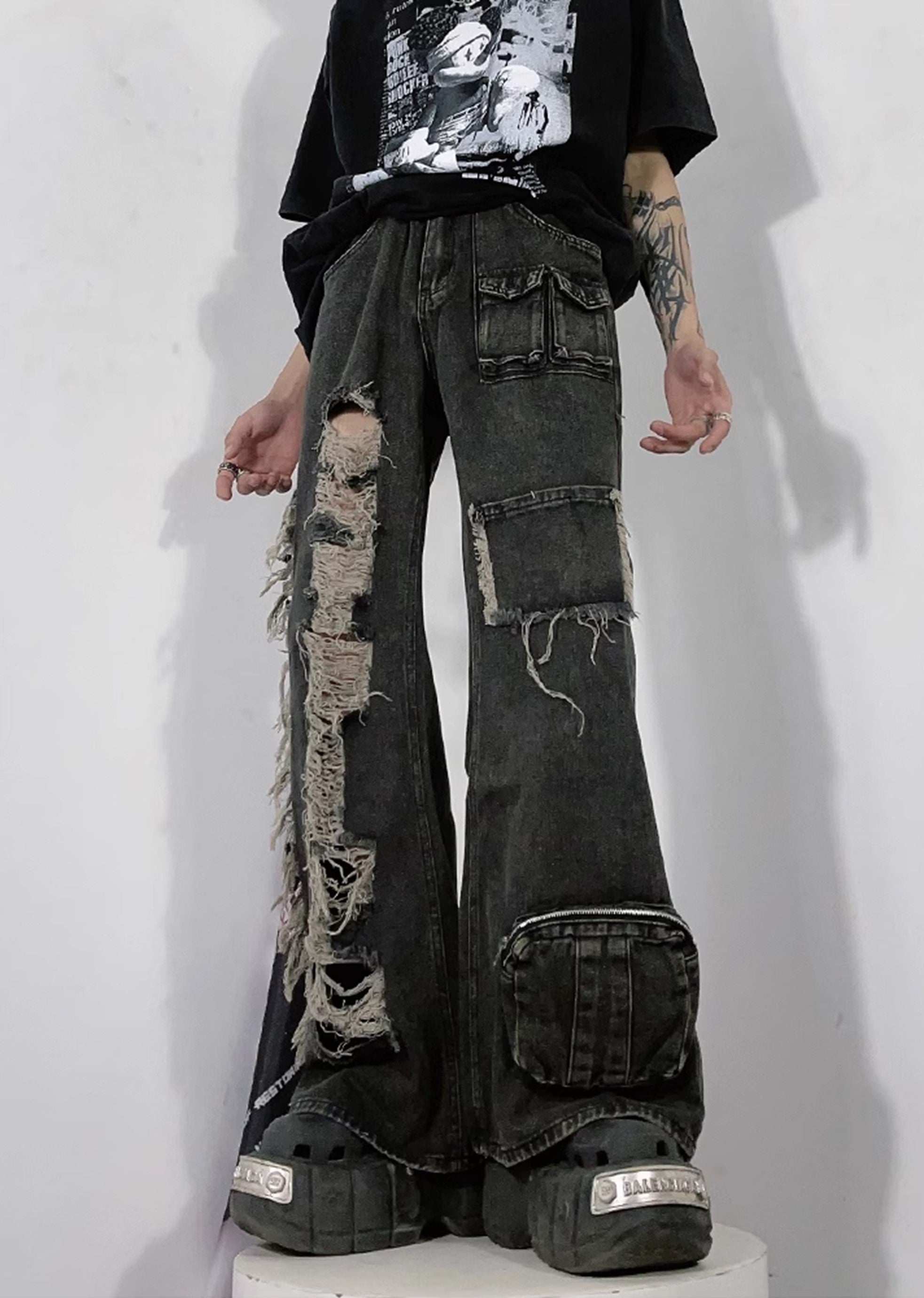 [76street] Left and right design wide cargo distressed silhouette denim pants ST0001