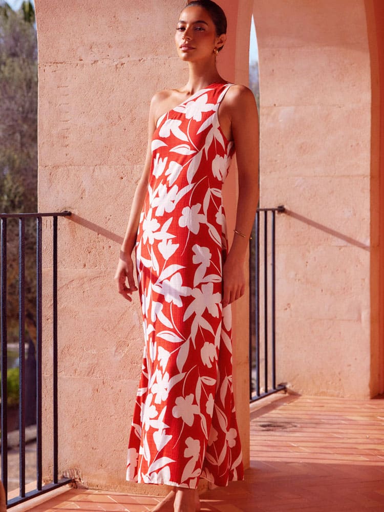 One-Shoulder Tie Maxi Dress In Valencia