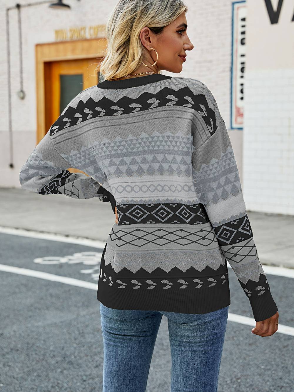 Jacquard Multicolor Patchwork Knit Sweater