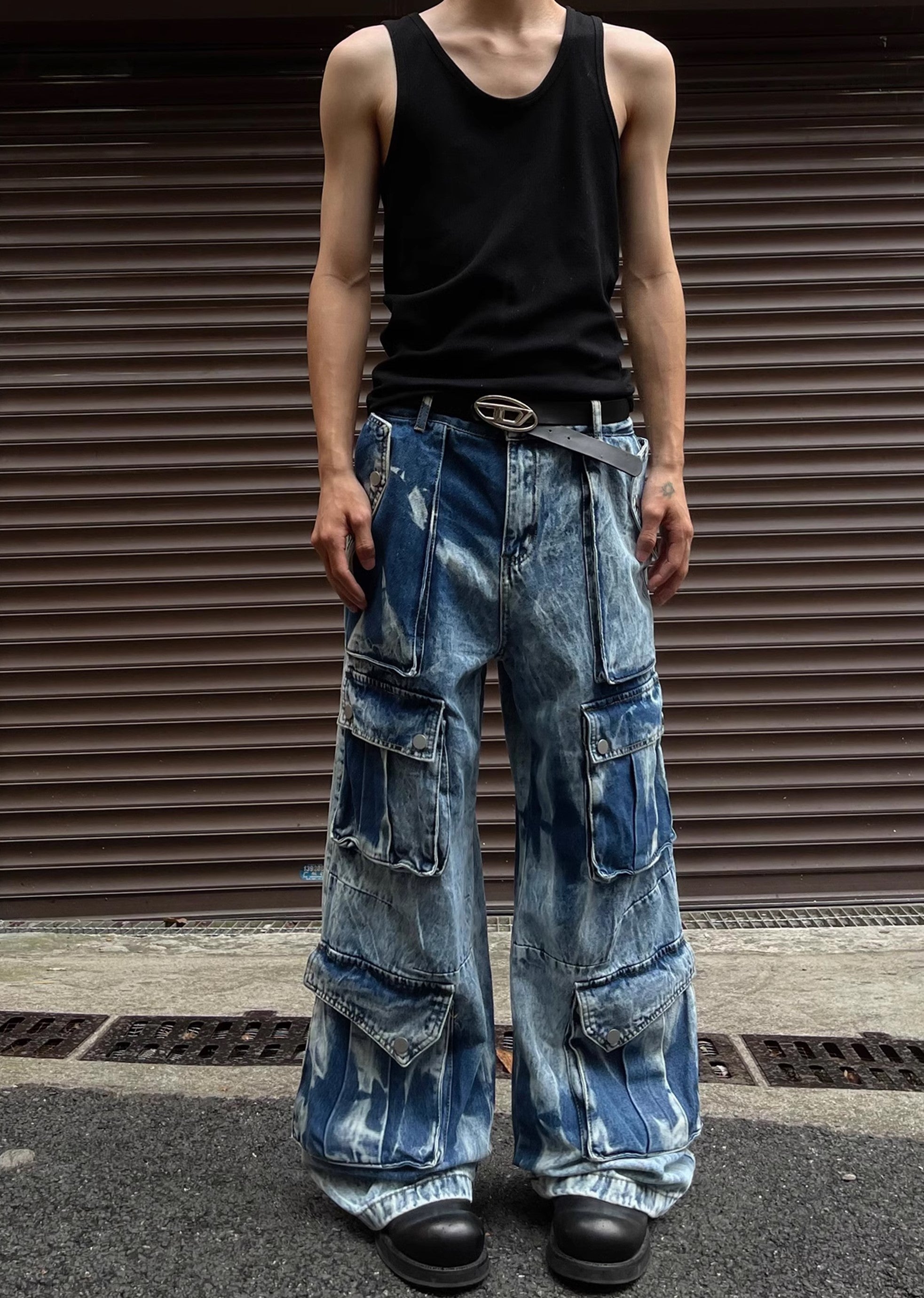 Random wash processing gimmick design blue denim pants