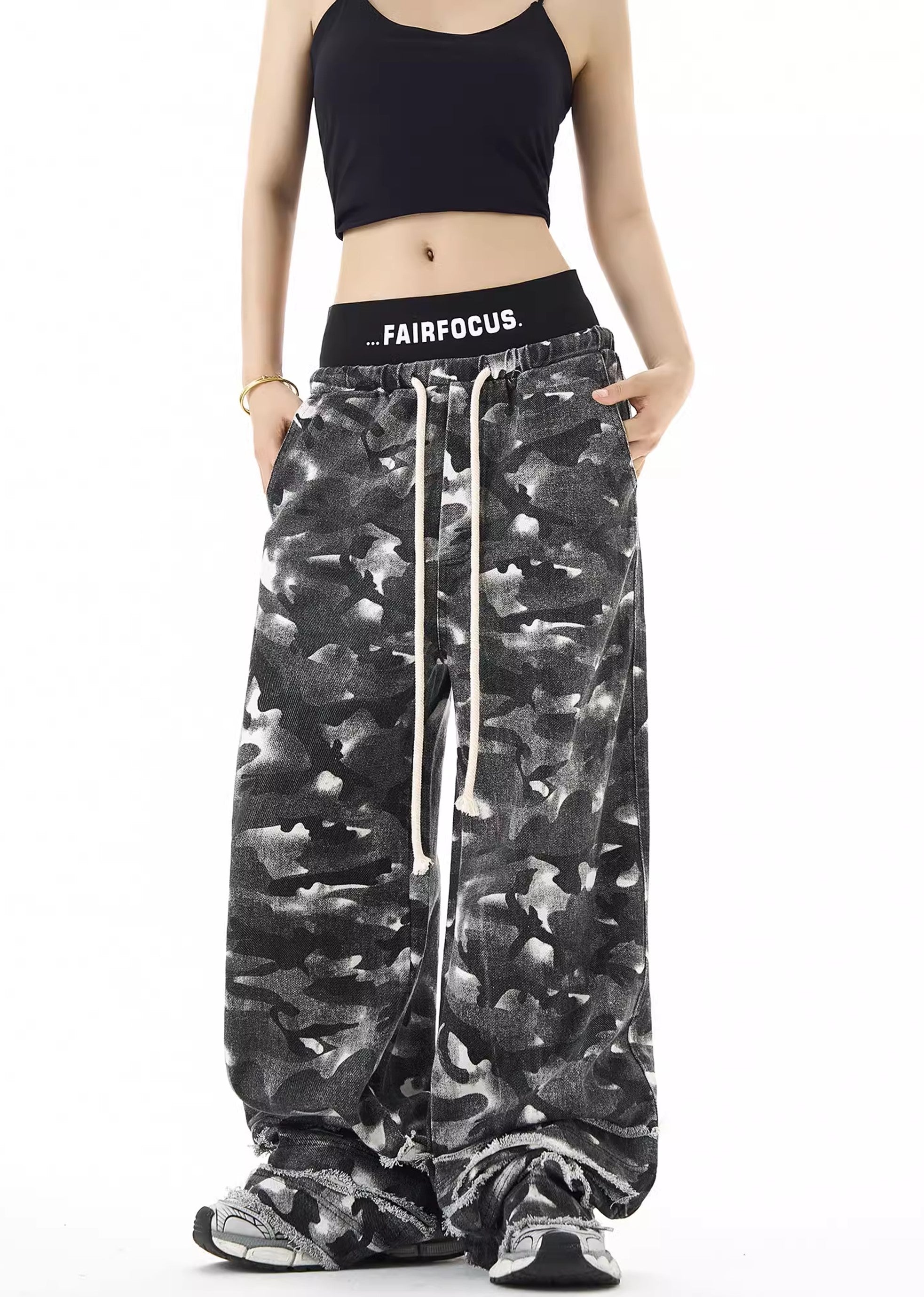 [H GANG X] Random black camouflage pattern wide silhouette pants HX0039