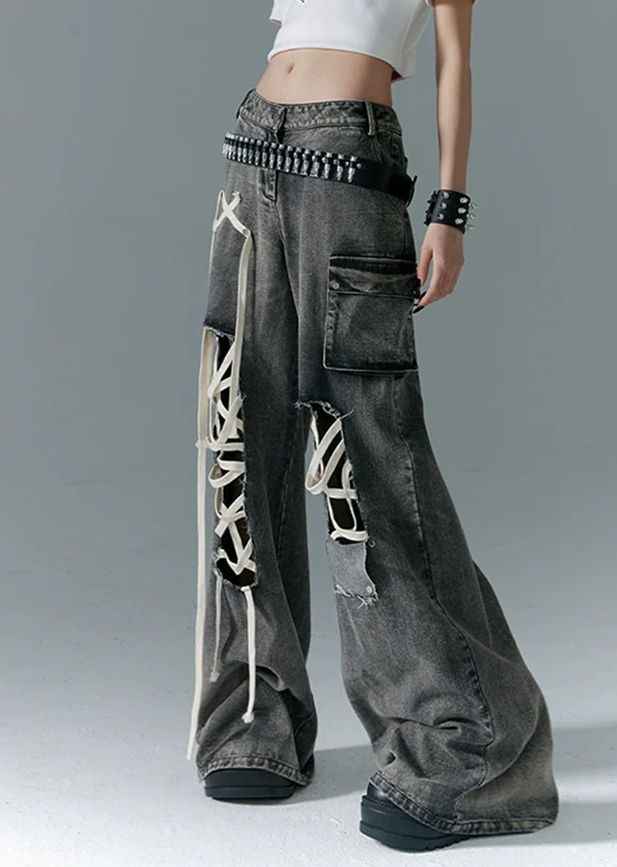 【8/12新作】Overalls Gimmick Damaged Design Dull Color Denim Pants  HL3072