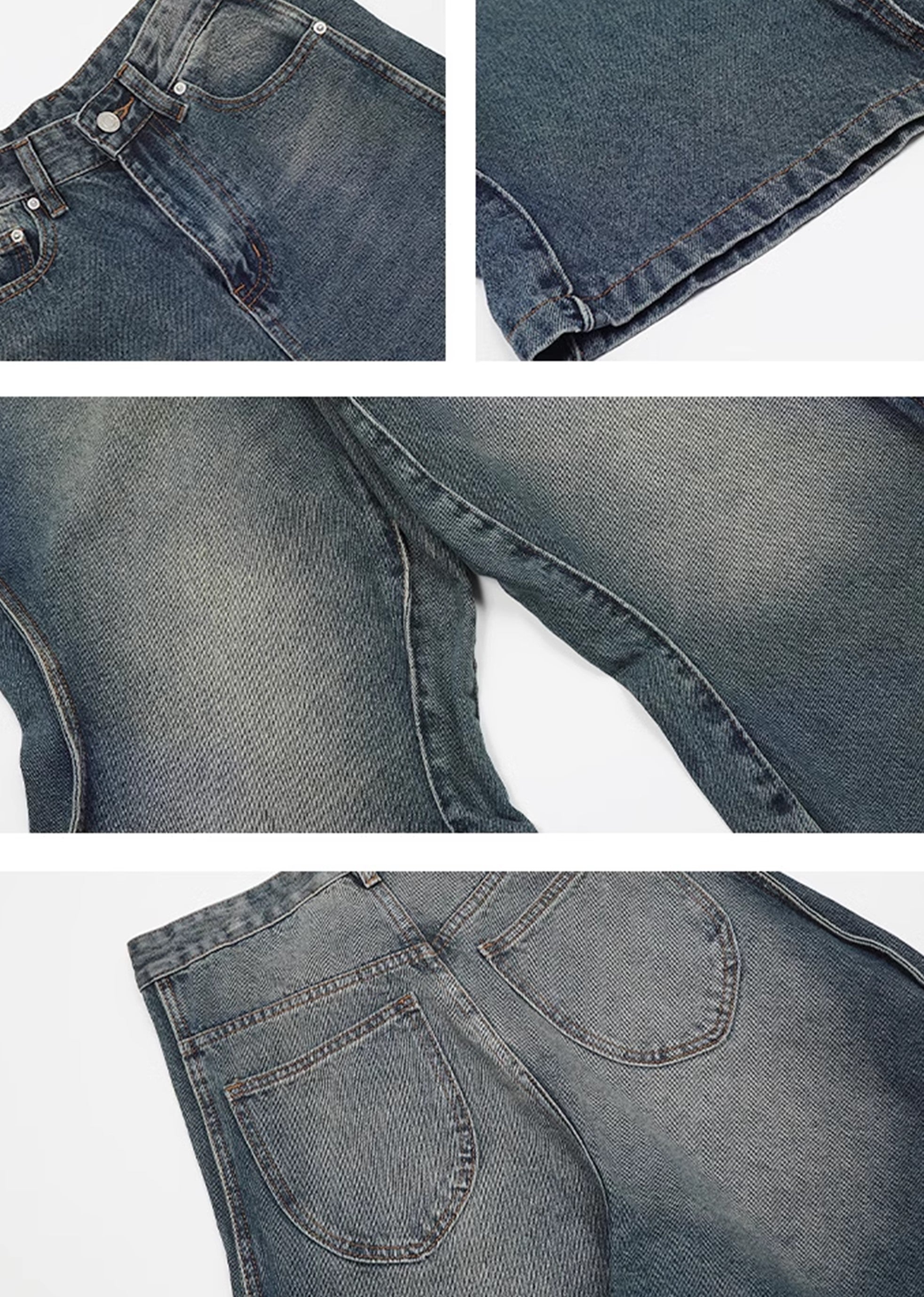 Unique side design line basic blue denim pants