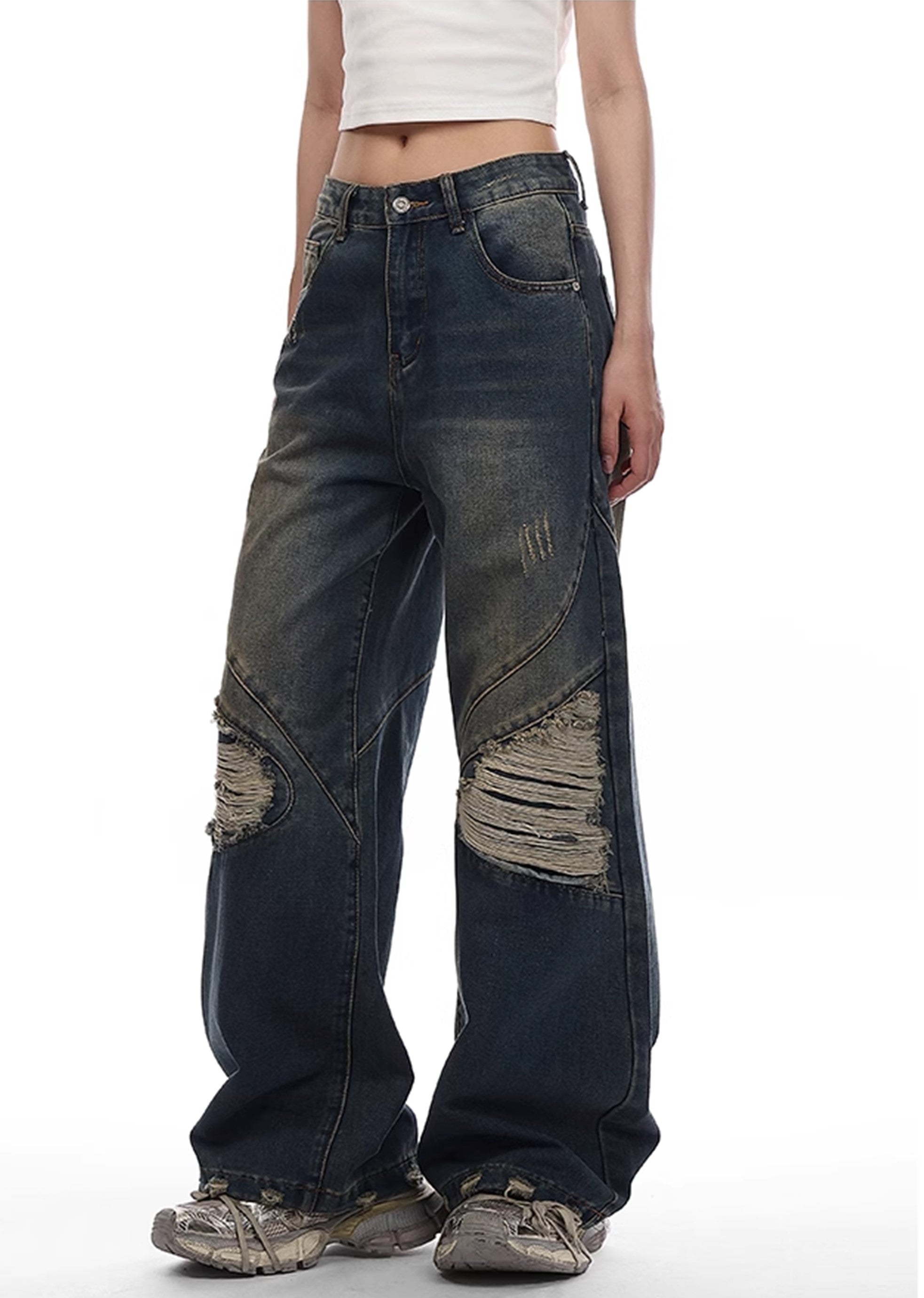 【VINMUK】Distressed wide straight dull denim pants  VM0013