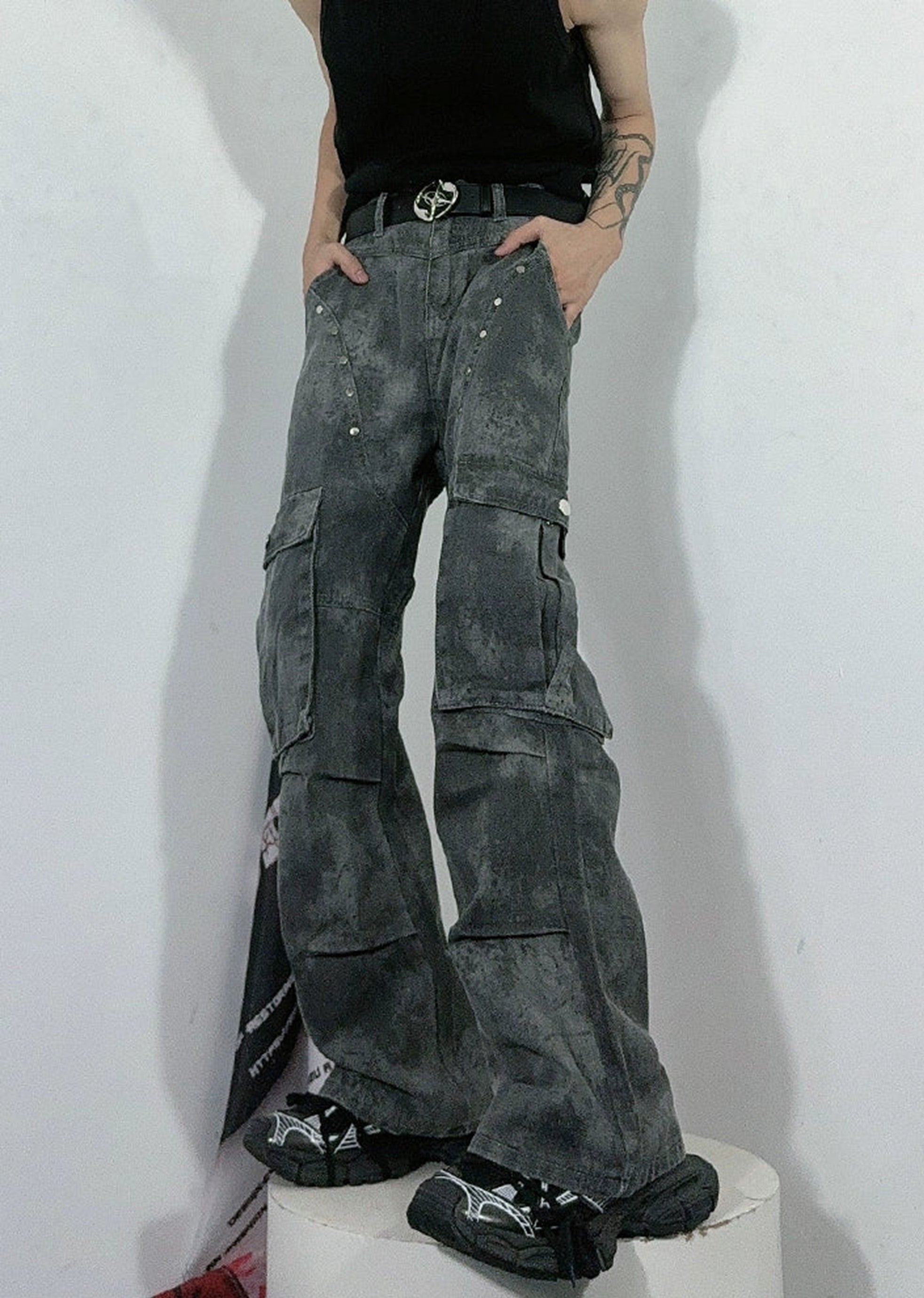 [76street] Dull grunge style vintage processed slim cargo denim pants ST0003