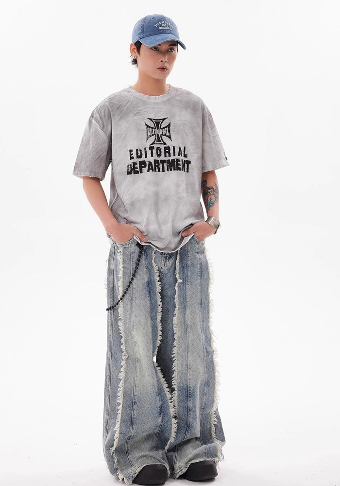 【BTSG】Fringe full design distressed broken dull blue denim pants  BS0023