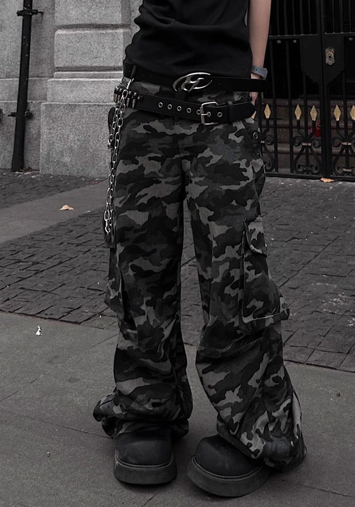 【TR BRUSHSHIFT】Simple camouflage design slim wide silhouette pants  TB0039