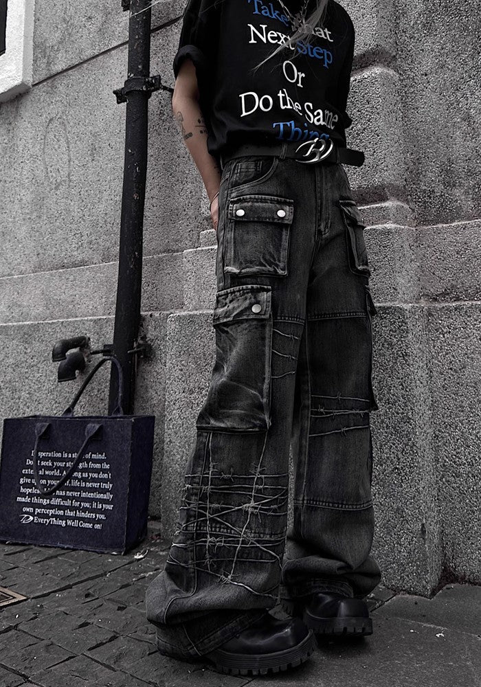 【TR BRUSHSHIFT】Simple double pocket design dull black cargo denim pants  TB0038