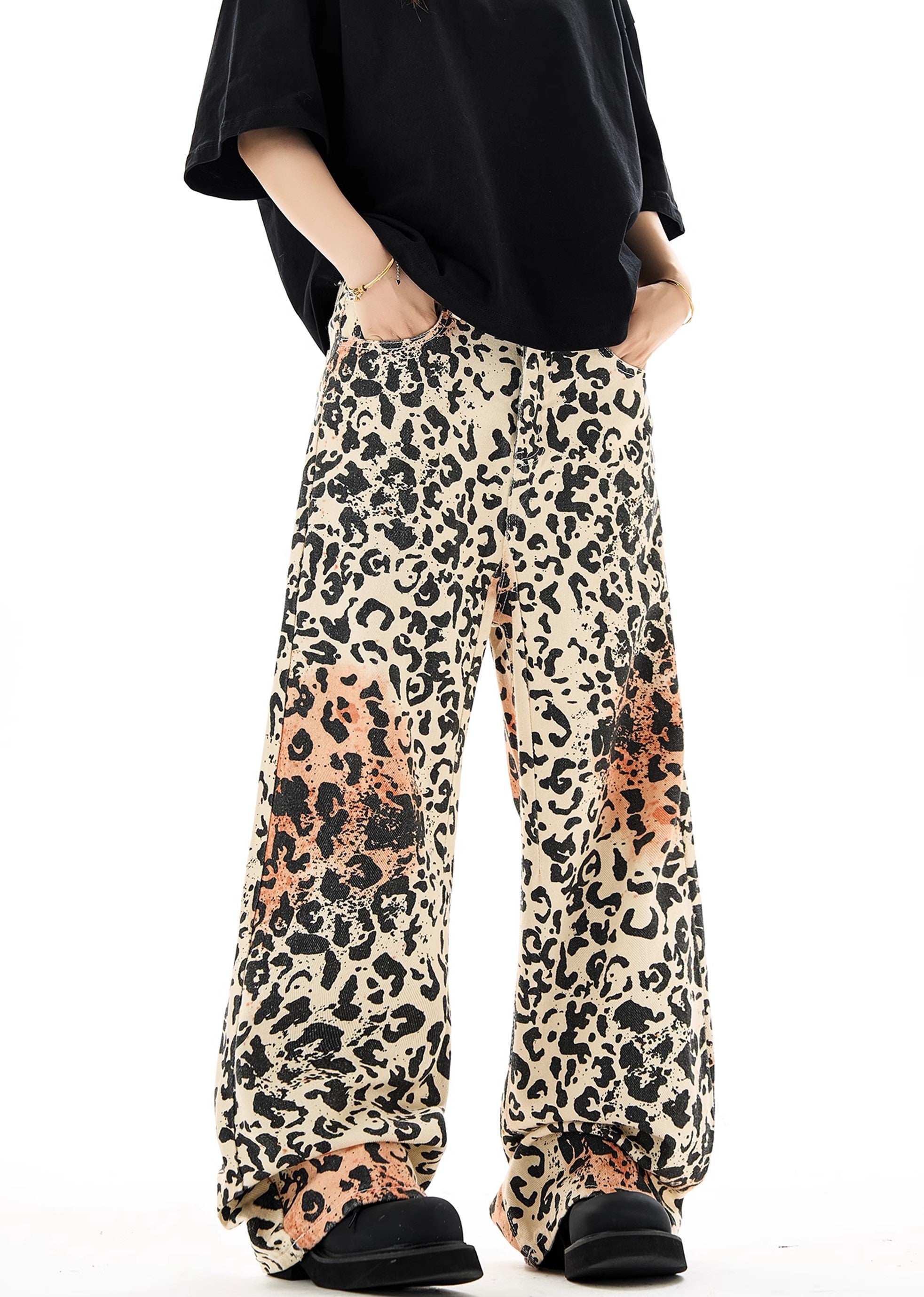 [H GANG X] Random wash animal print design wide pants HX0054