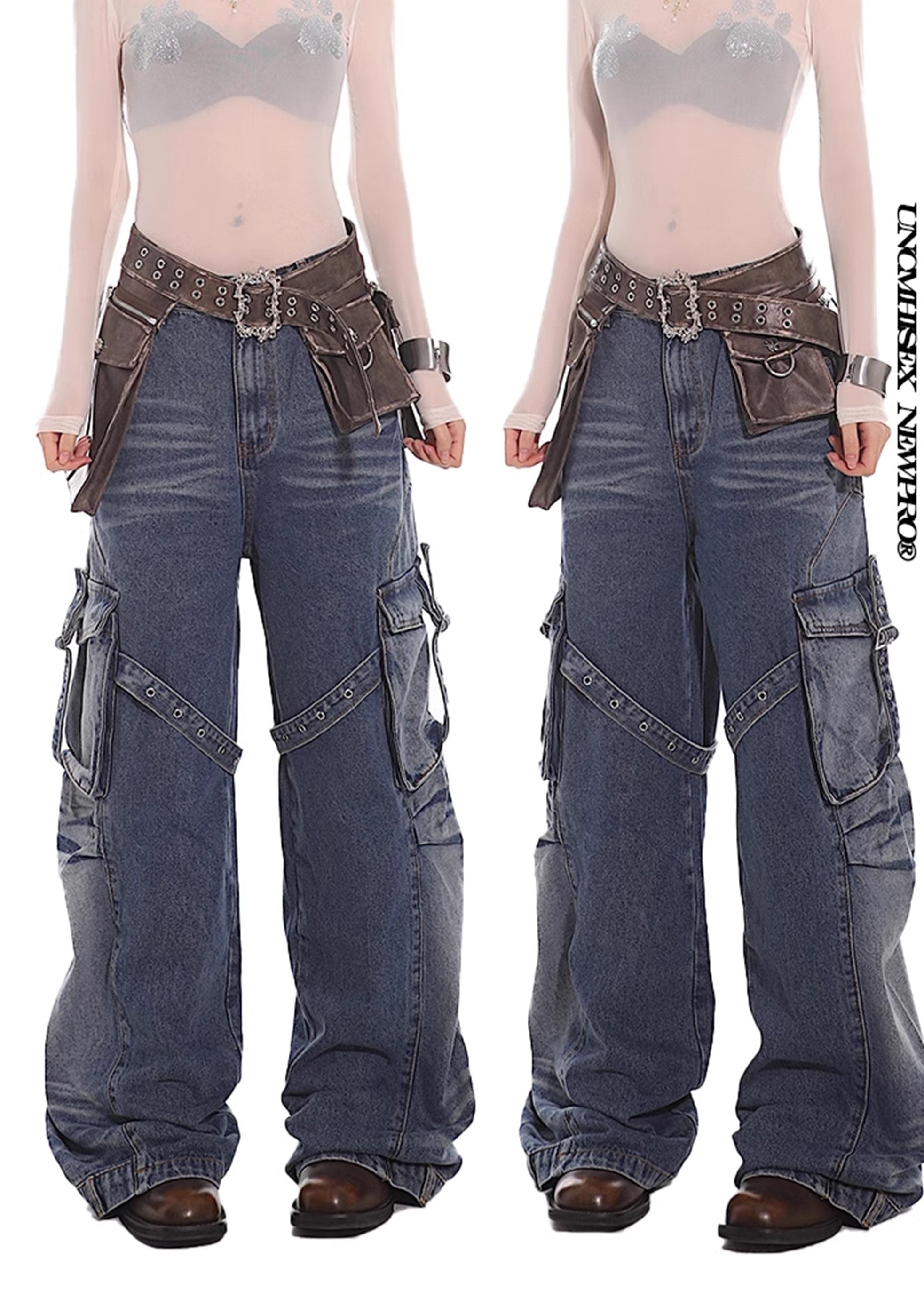 【UNCMHISEX】Side pocket suspender design grunge wash denim pants  UX0033