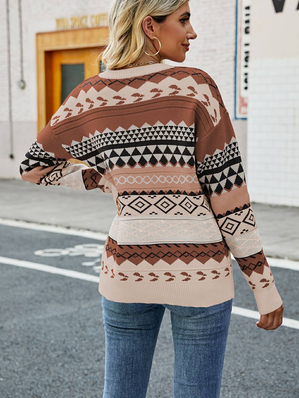 Jacquard Multicolor Patchwork Knit Sweater