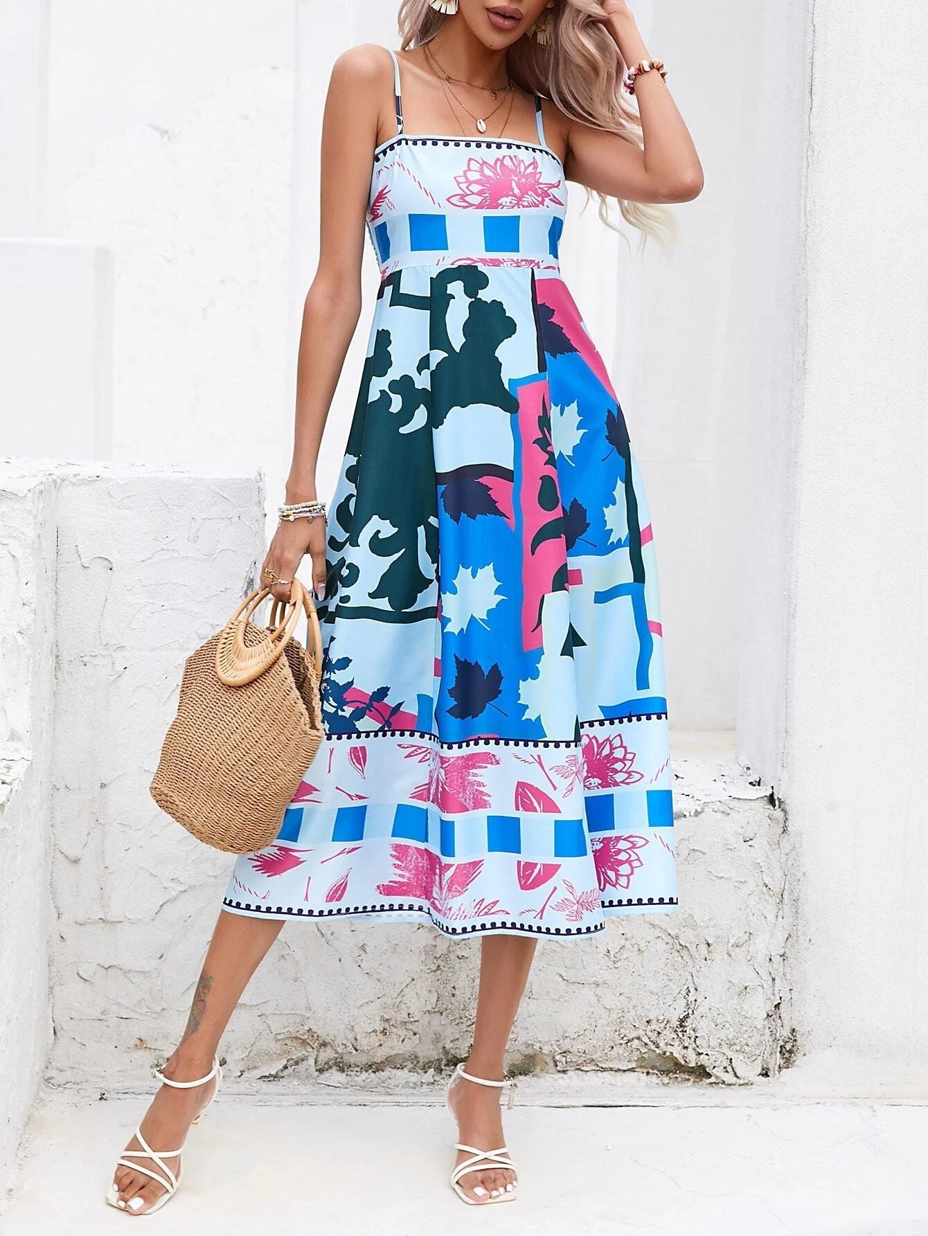 Patchwork Slip Maxi Dress: Abstract Colorful Printed