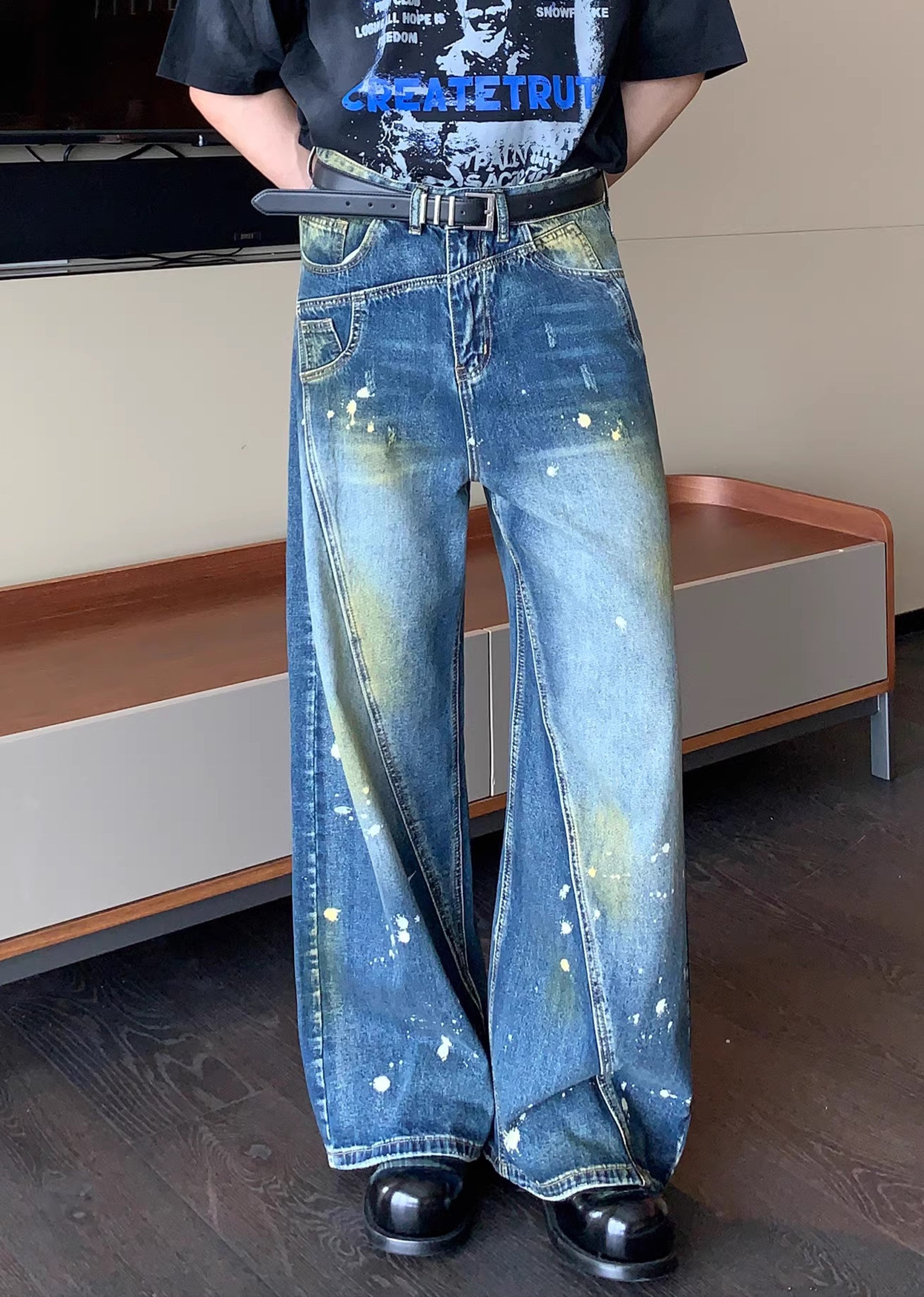 【CUIBUJU】Casually painted design wide blue basic denim pants  CB0047