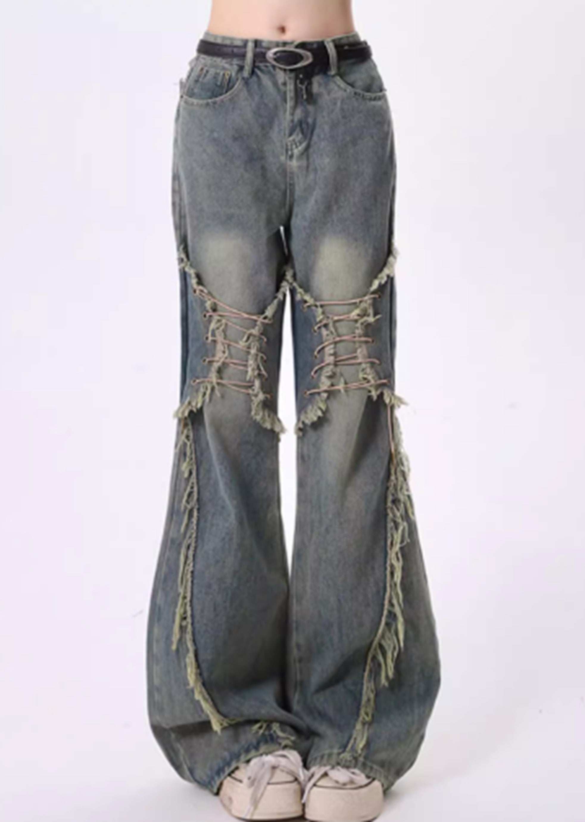 【Rayohopp】Knee fringe shopper design flared denim pants  RH0118