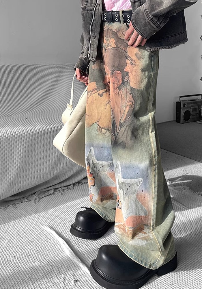 【SHUNP】All-over art illustration design wide silhouette dull denim pants  SP0001