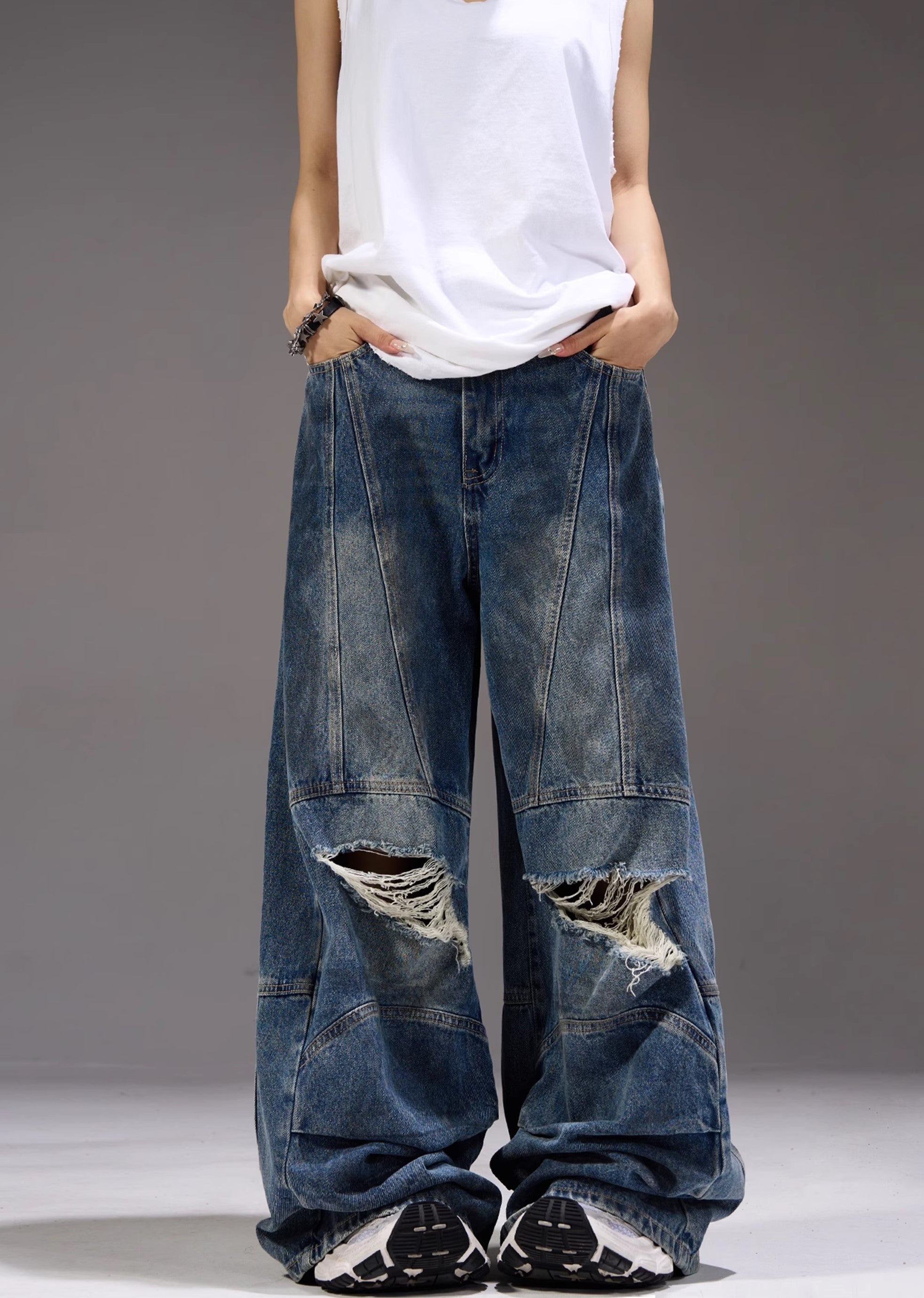 【MAXDSTR】Dull knee damage processing mid-light wide straight denim pants  MD0155