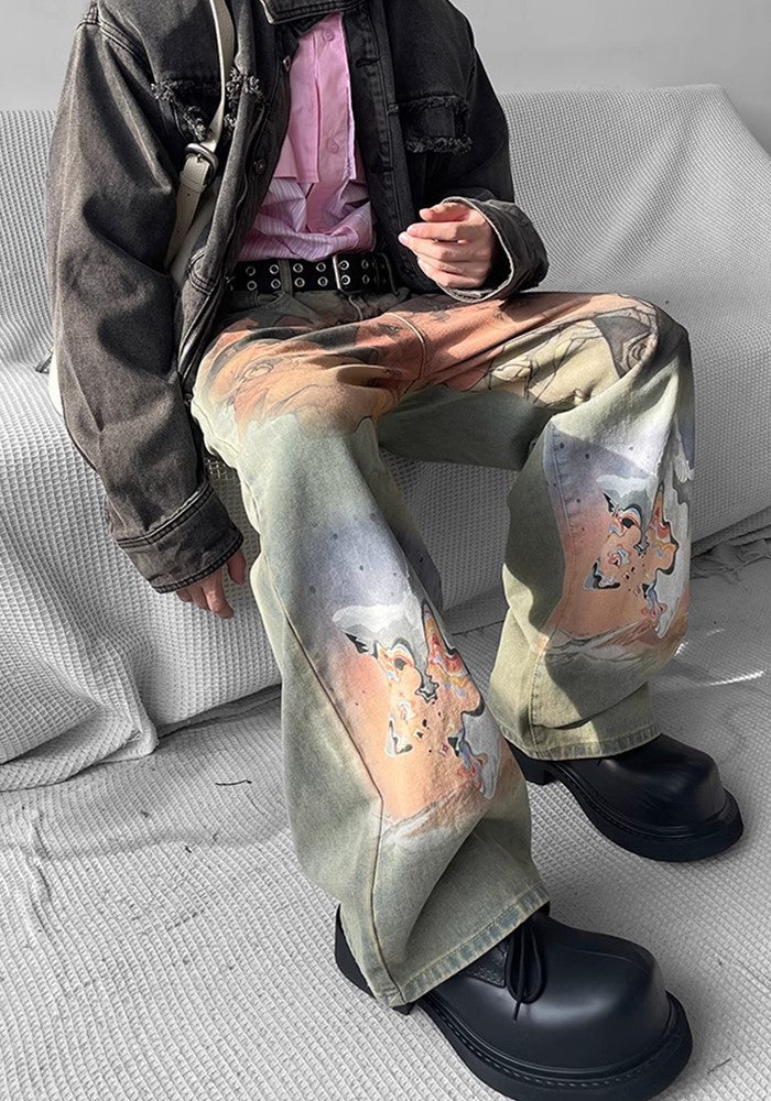 【SHUNP】All-over art illustration design wide silhouette dull denim pants  SP0001