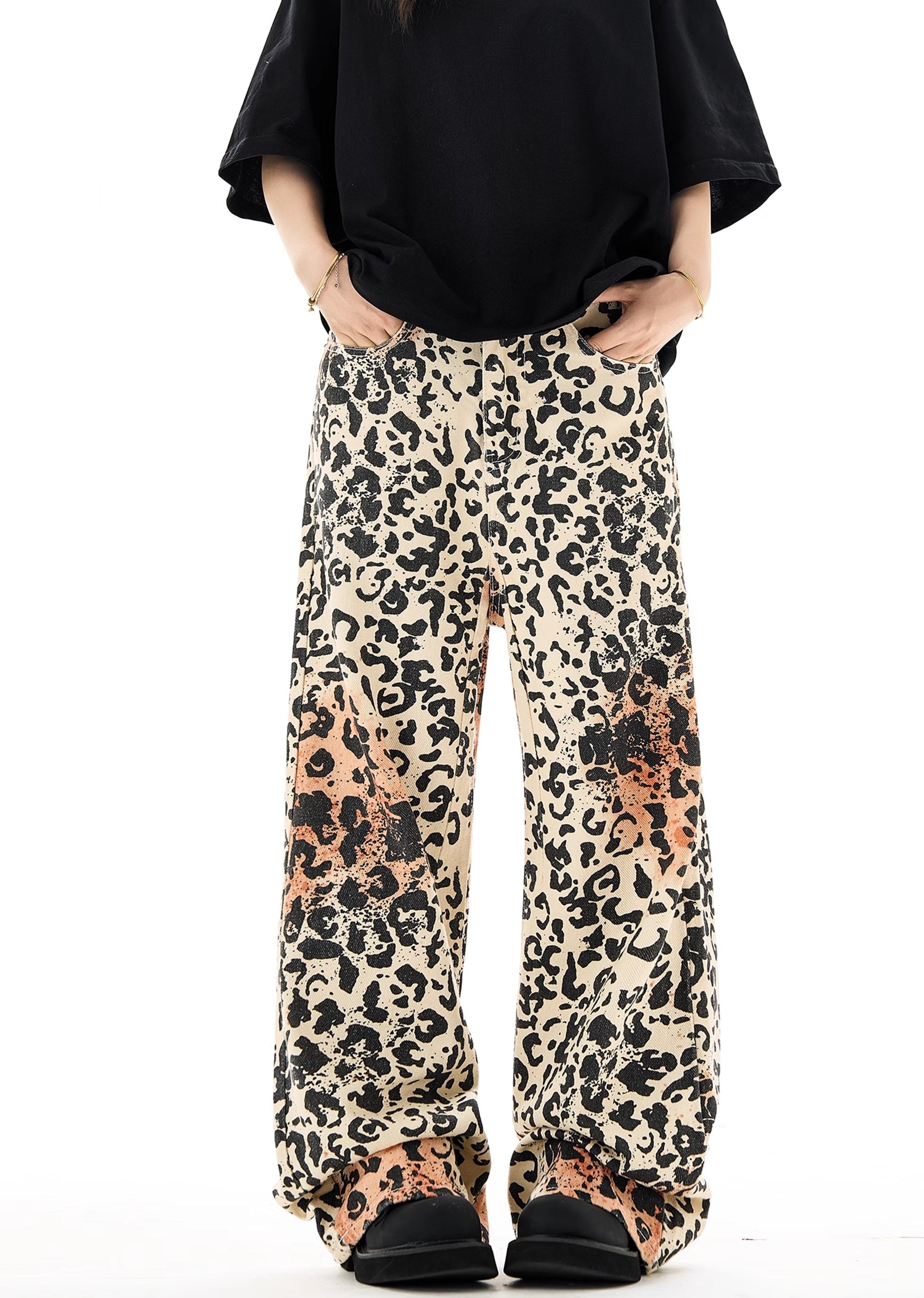 [H GANG X] Random wash animal print design wide pants HX0054