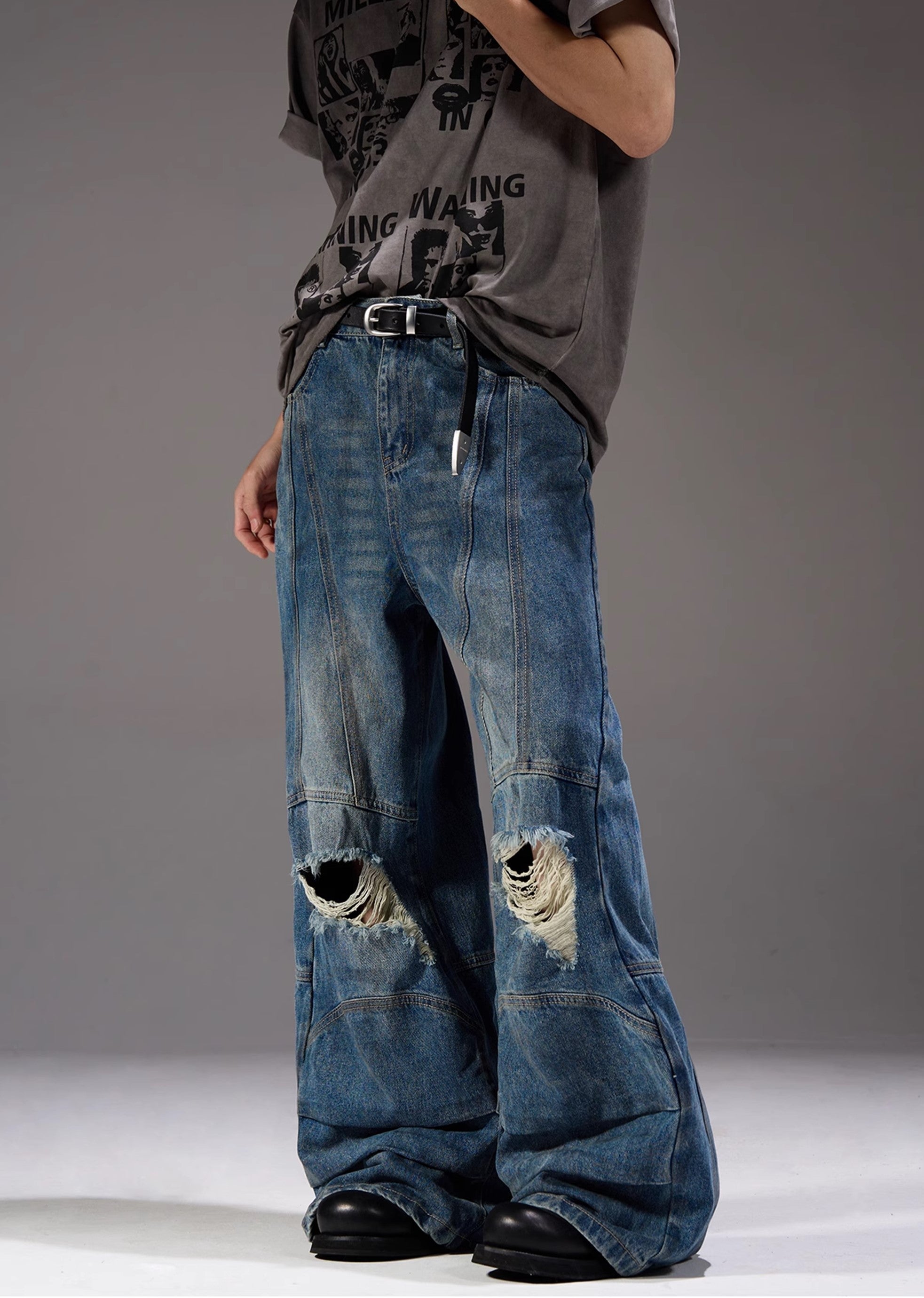 【MAXDSTR】Mid-length distressed dull blue wide denim pants  MD0160