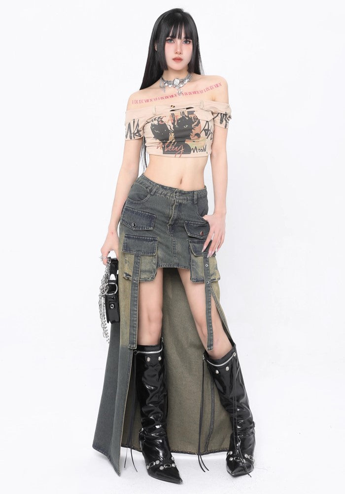 【ROY11】Unique front and back design washed denim skirt  RY0015