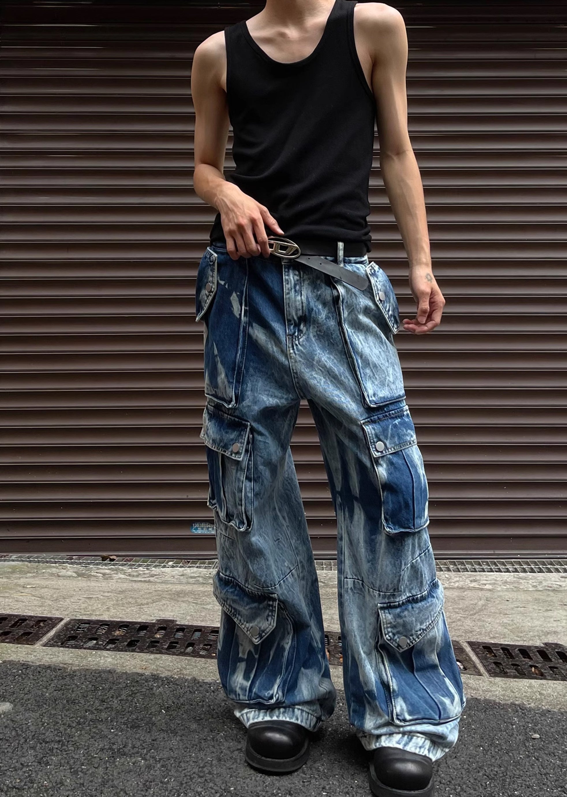 Random wash processing gimmick design blue denim pants