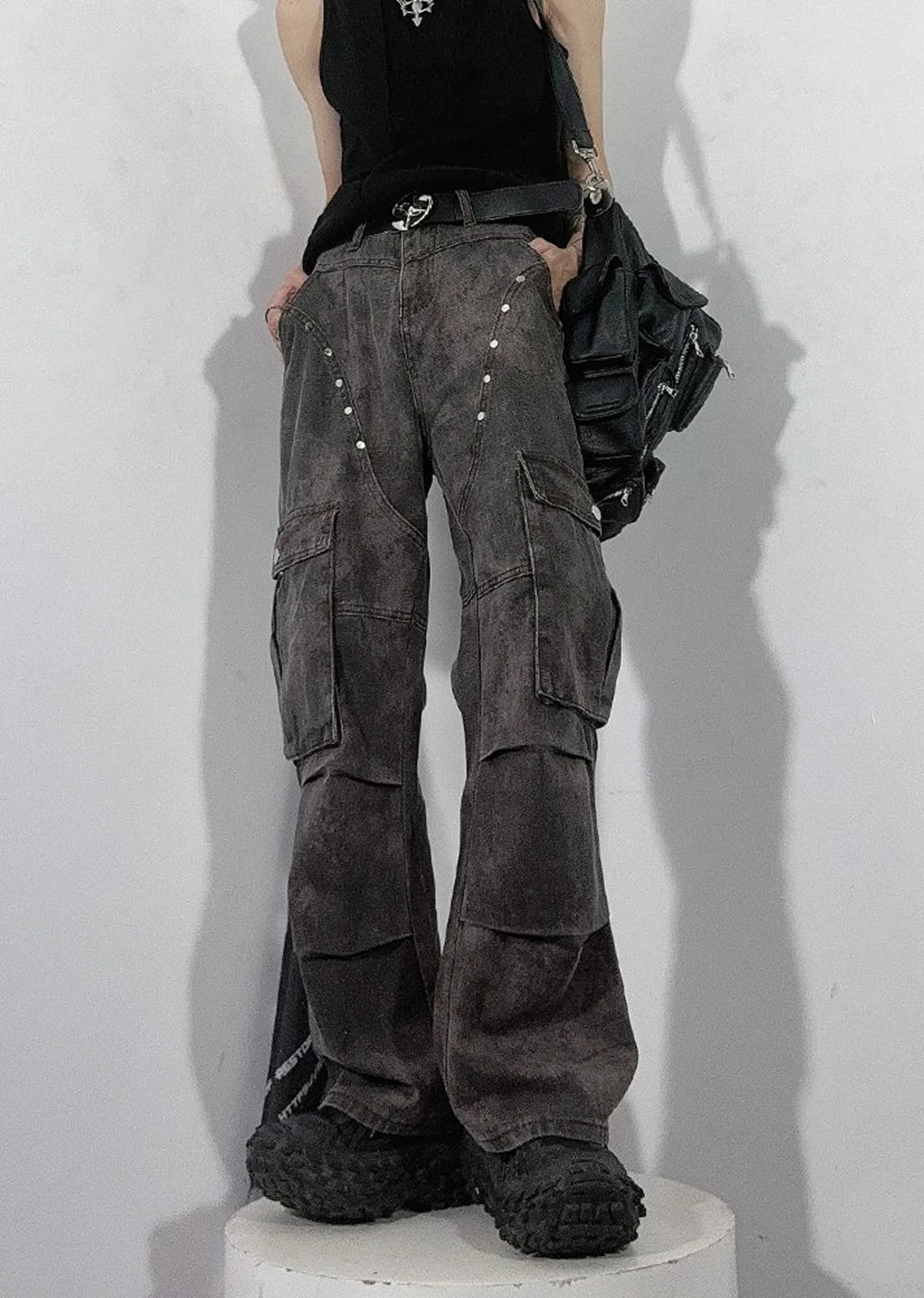 [76street] Dull grunge style vintage processed slim cargo denim pants ST0003