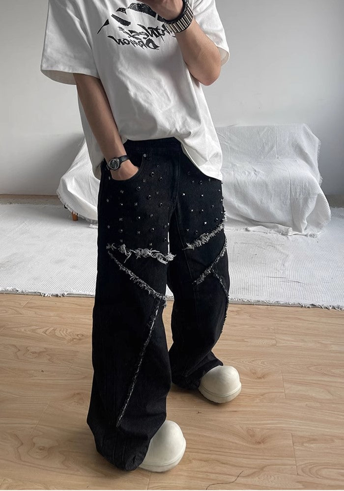 【SHUNP】Fringe patch multi-design wide over denim pants  SP0005