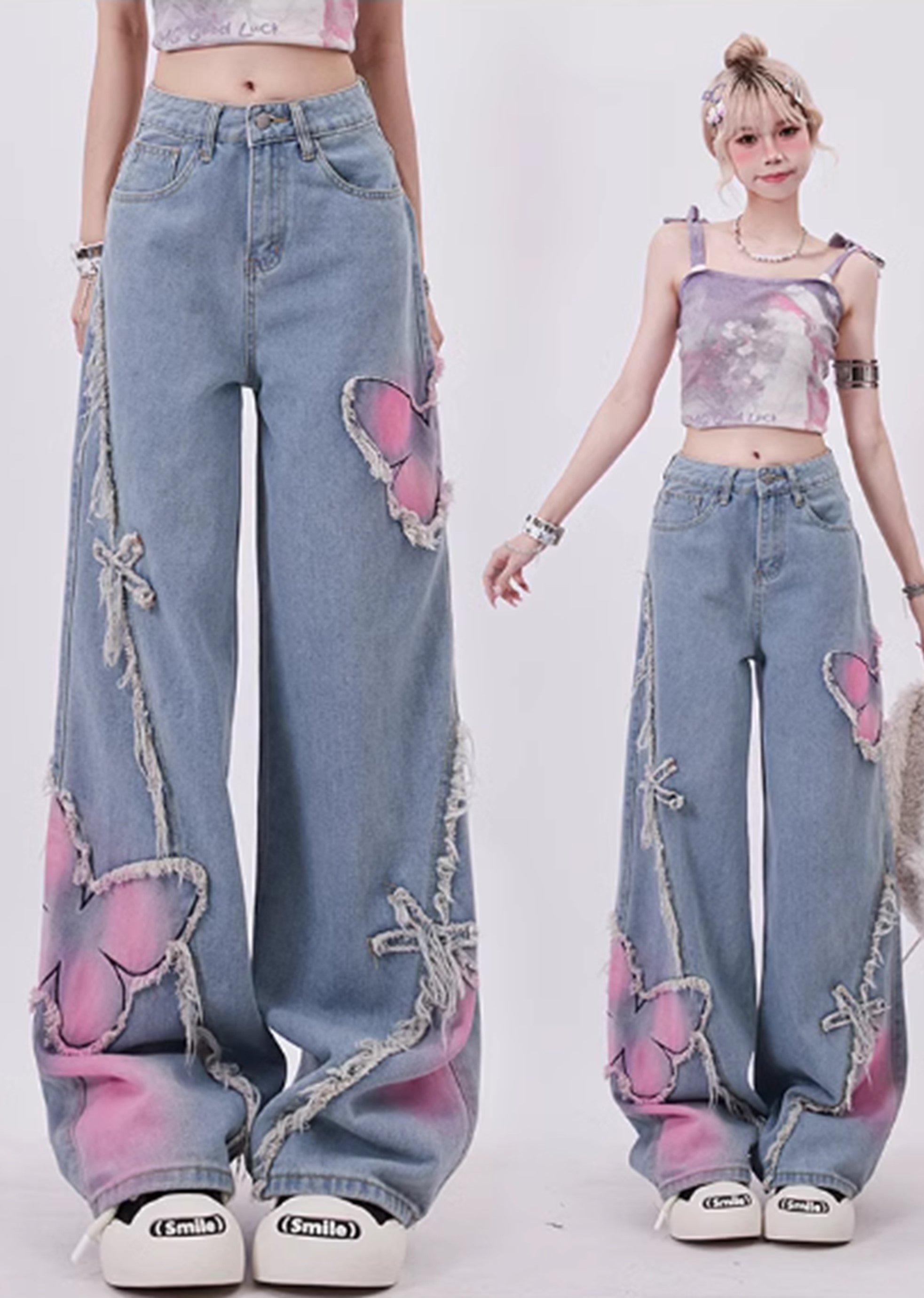 [Rayohopp] Color butterfly design attachment balance denim pants RH0108