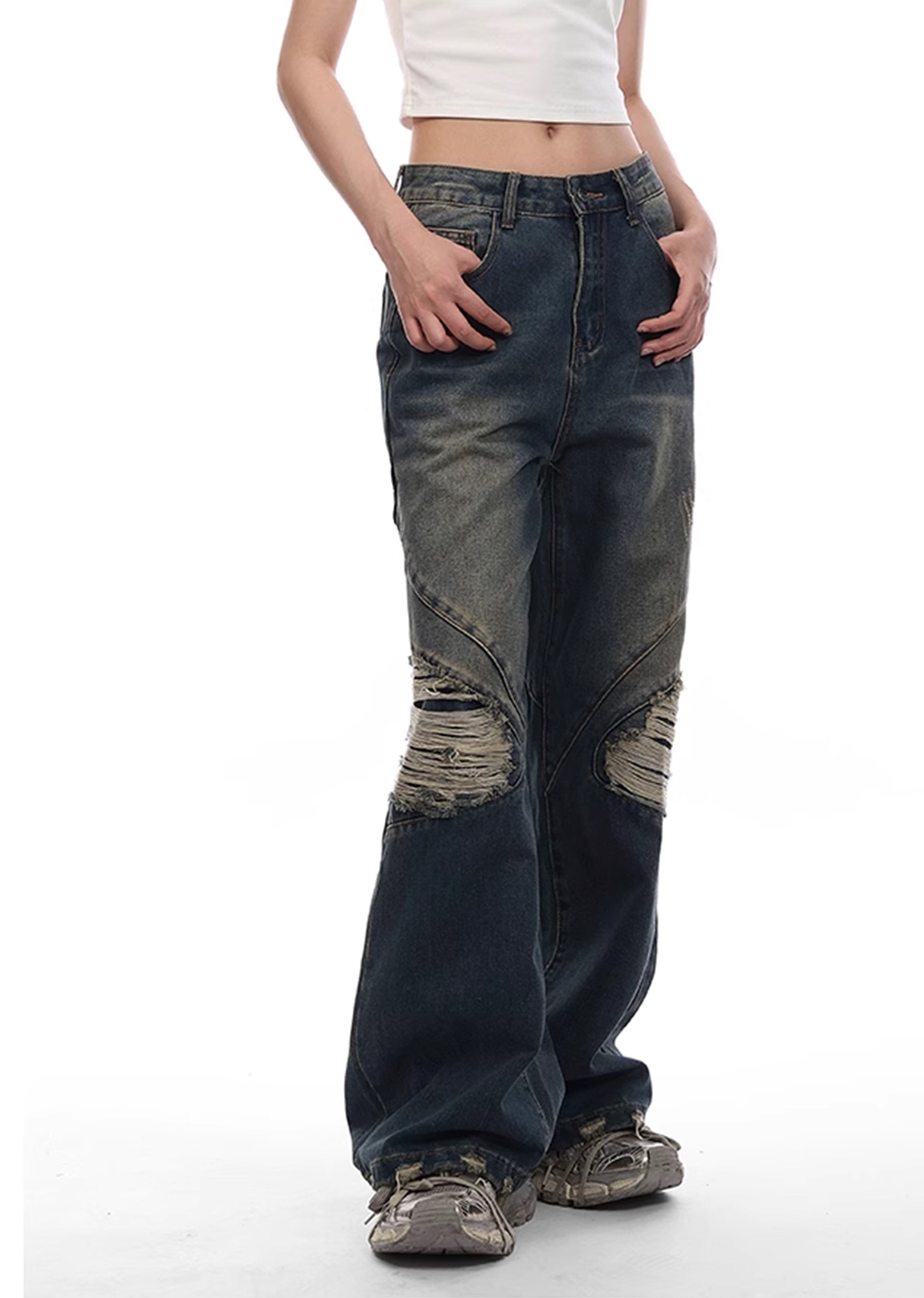 【VINMUK】Distressed wide straight dull denim pants  VM0013