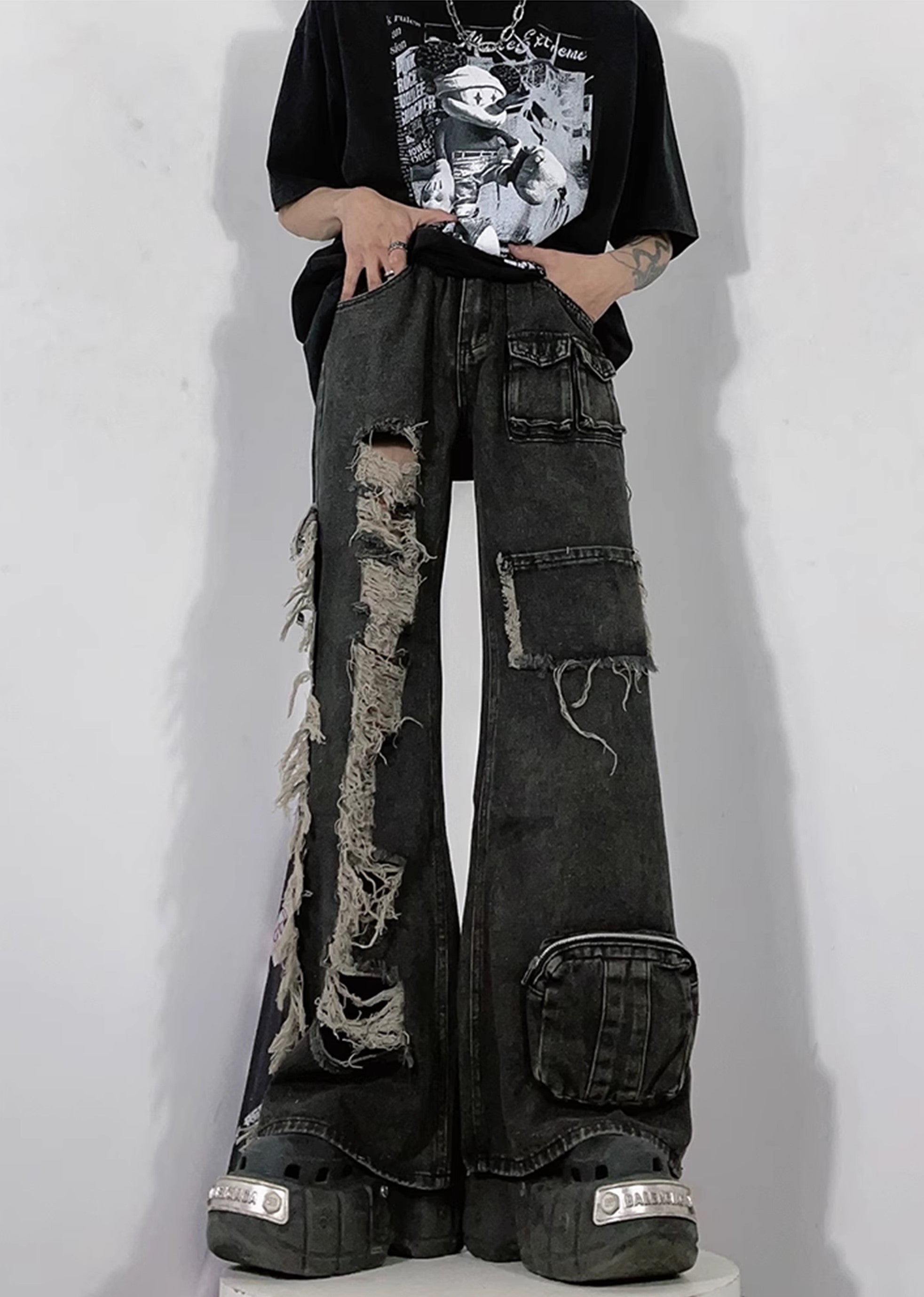 [76street] Left and right design wide cargo distressed silhouette denim pants ST0001