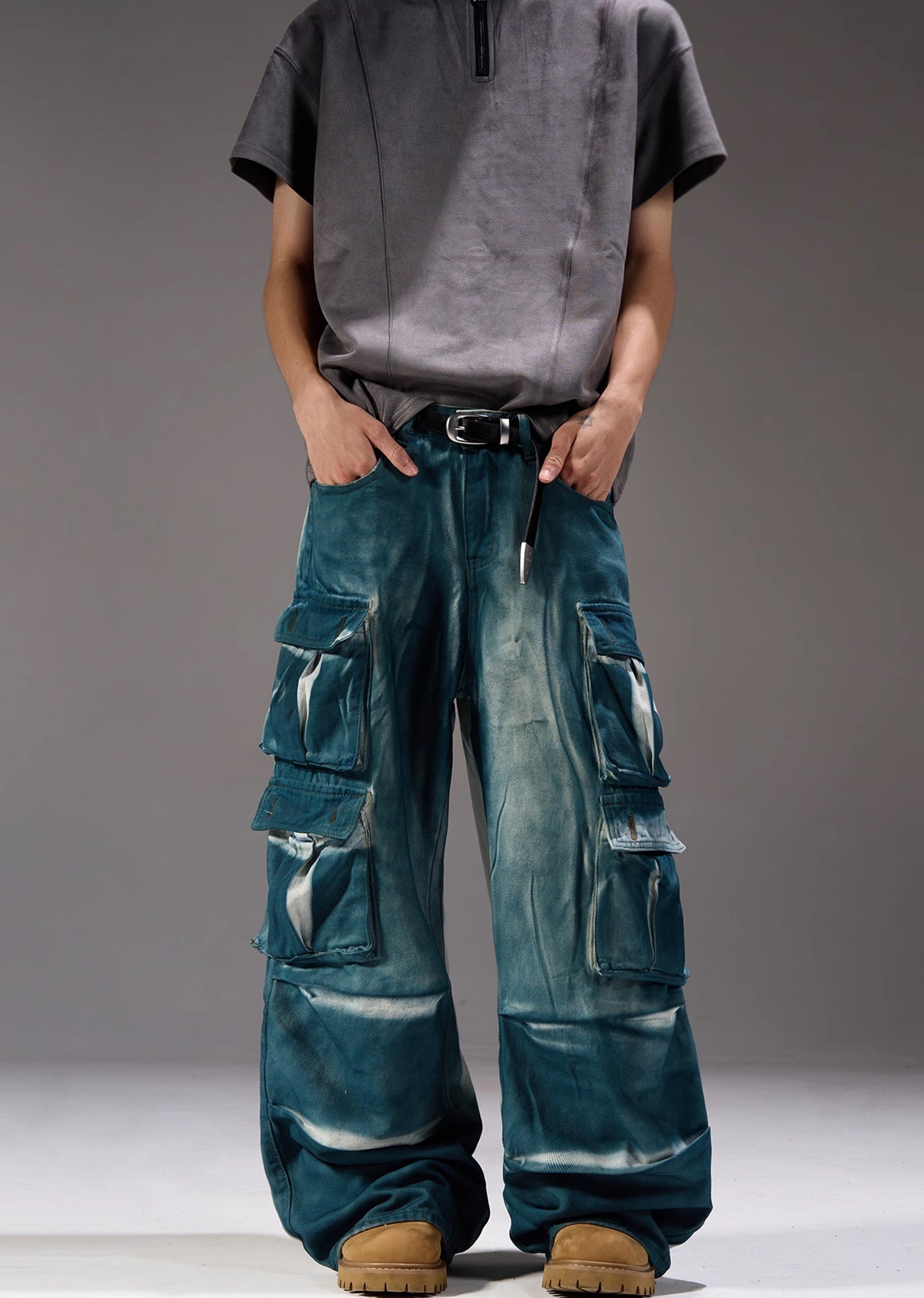 【MAXDSTR】Glossy gimmick fabric glossy design cargo denim pants  MD0162