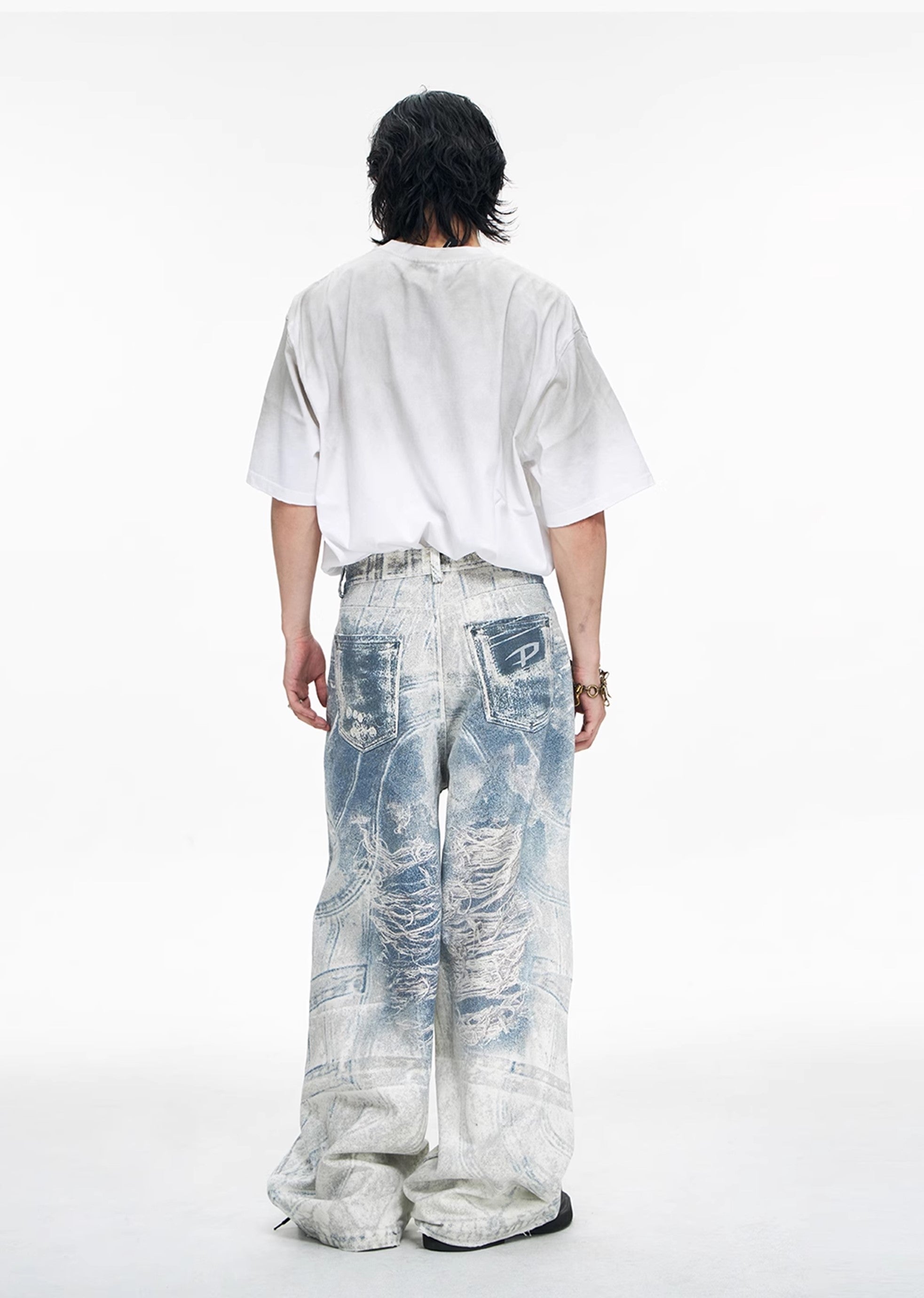 【People Style】Random wash gimmick damage design blue denim pants  PS0028