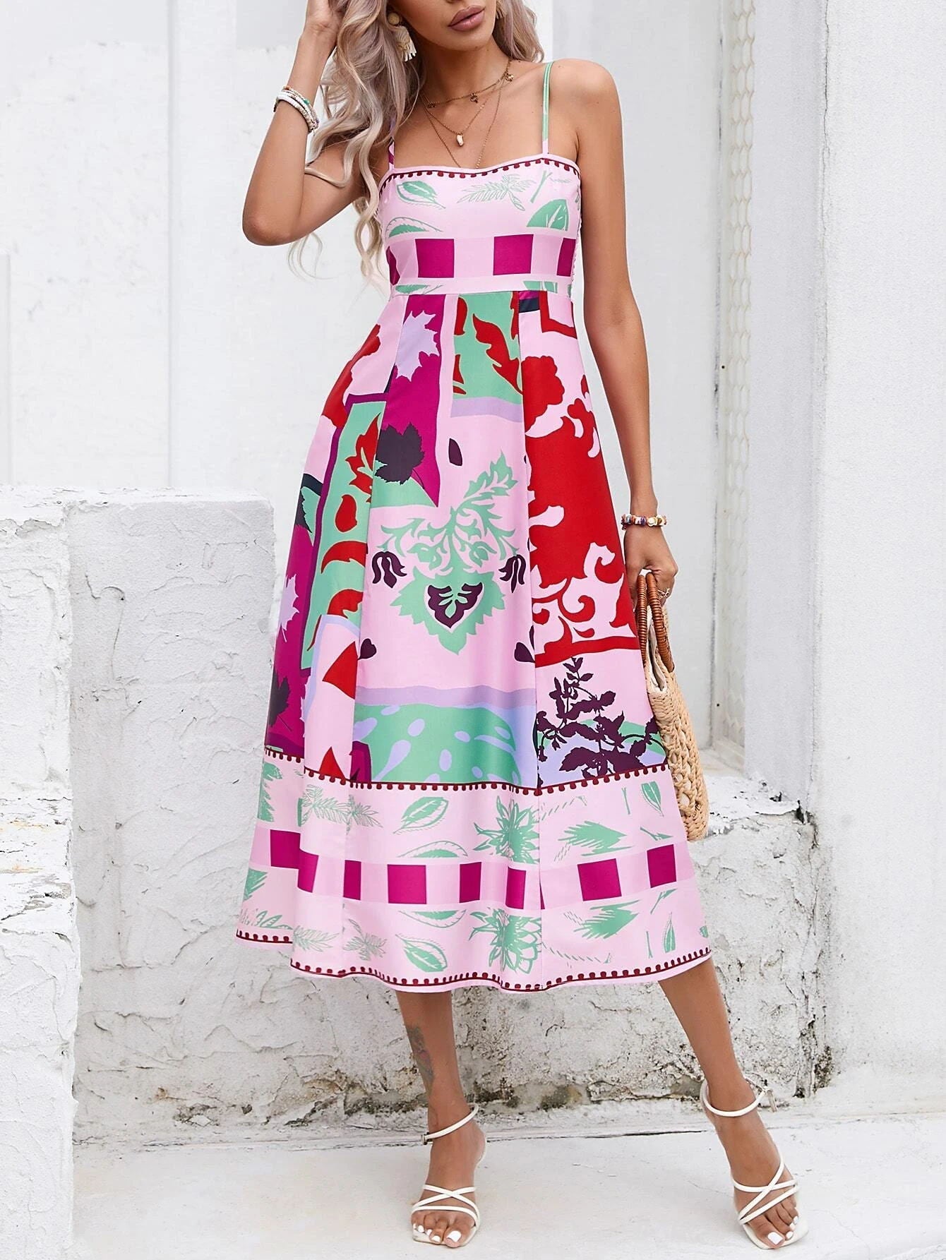 Patchwork Slip Maxi Dress: Abstract Colorful Printed