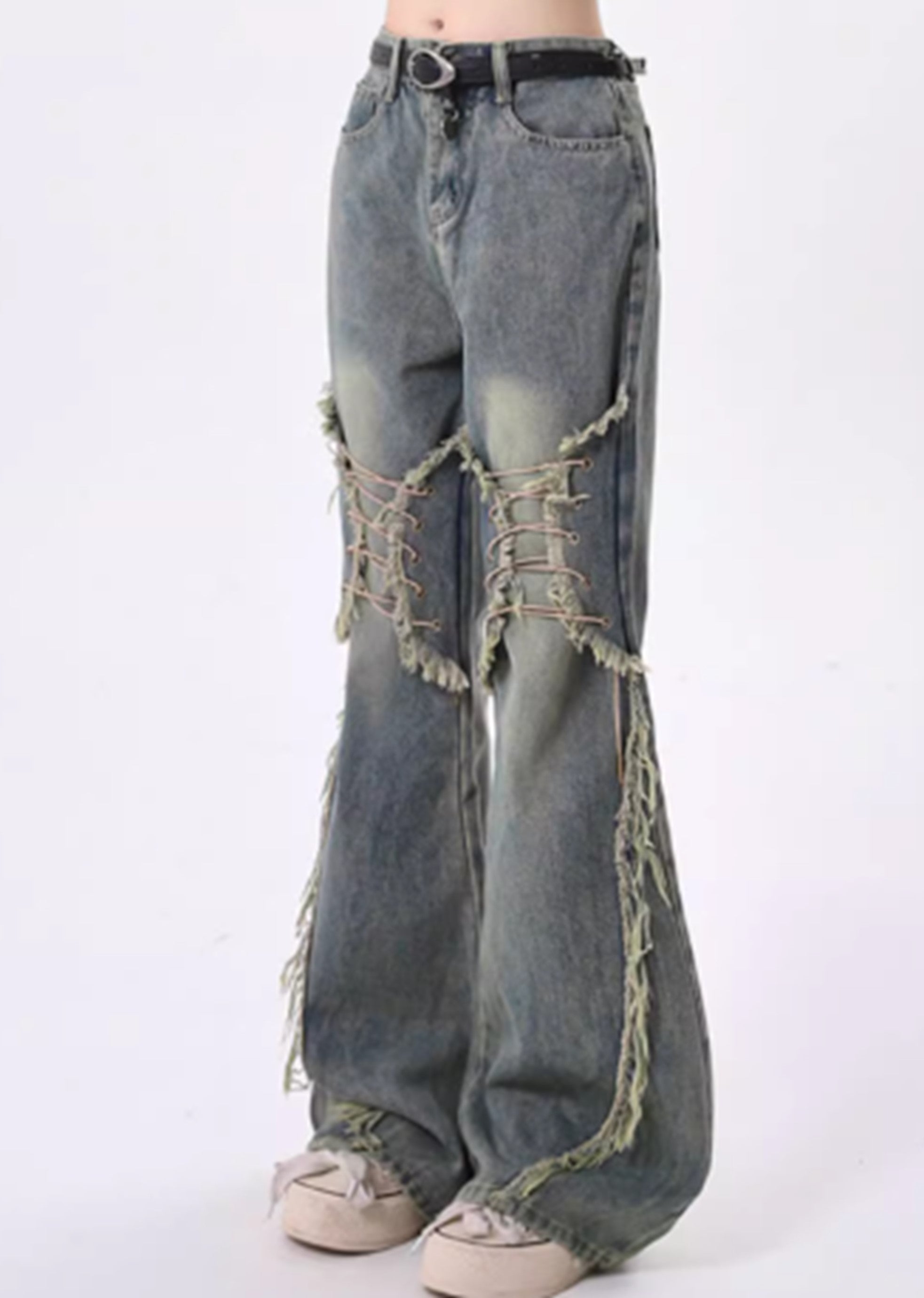 【Rayohopp】Knee fringe shopper design flared denim pants  RH0118