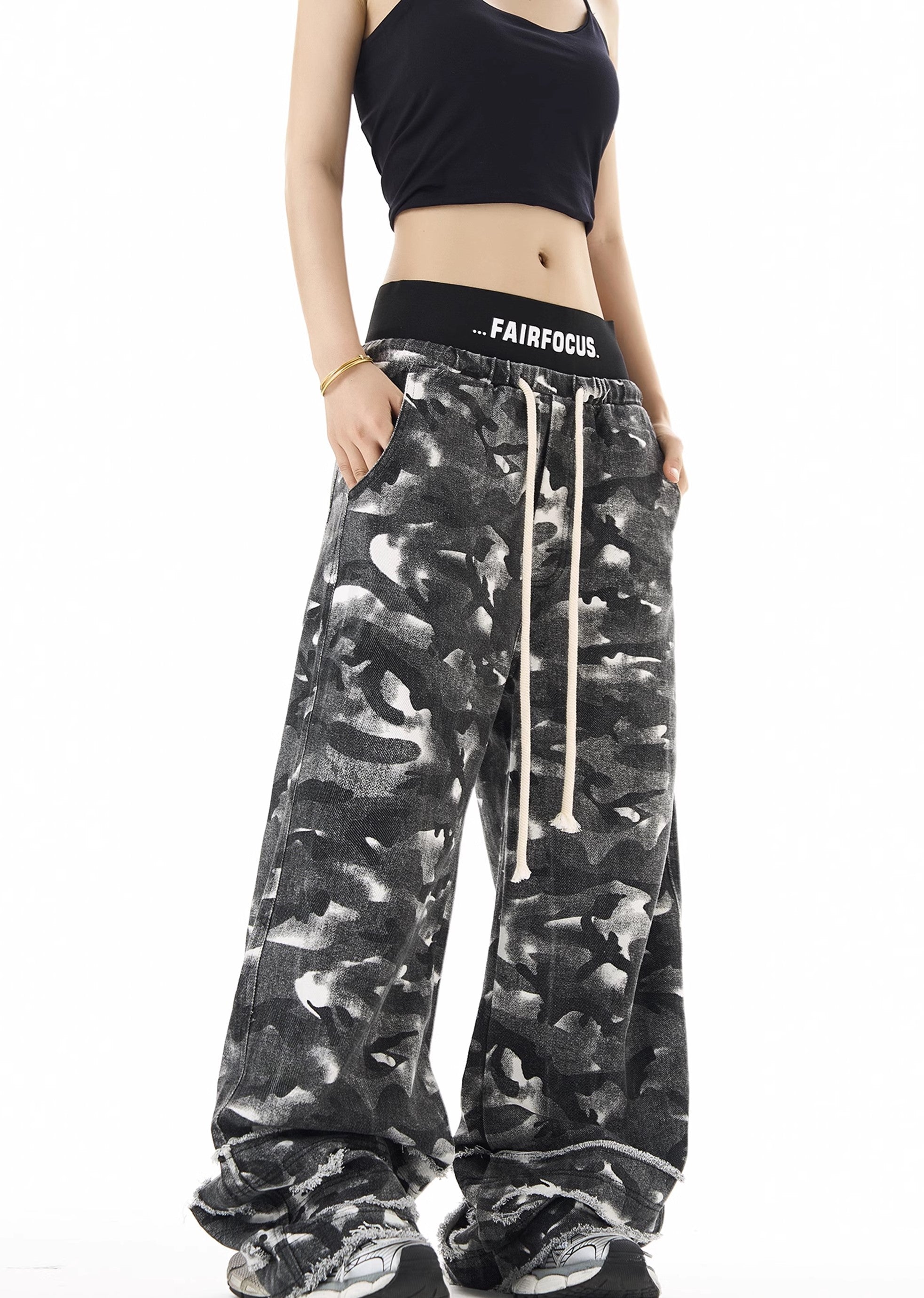 [H GANG X] Random black camouflage pattern wide silhouette pants HX0039