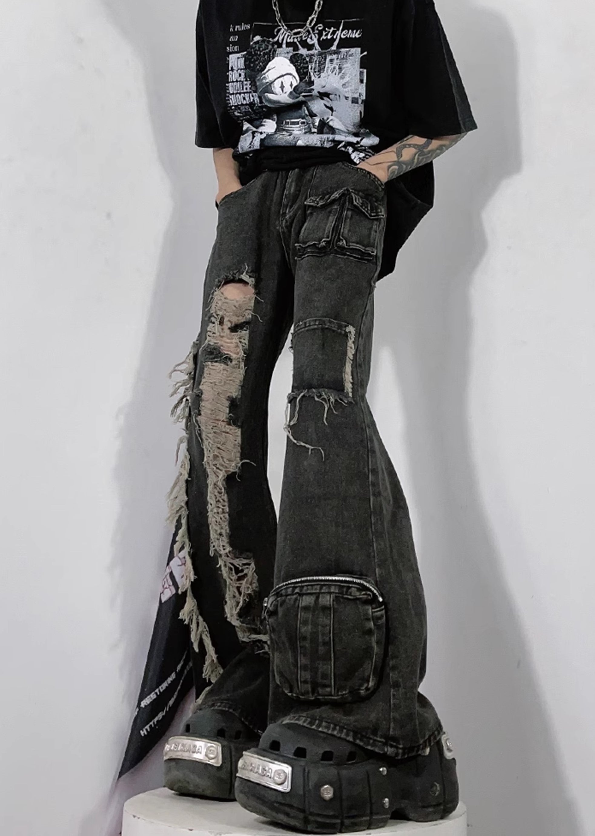 [76street] Left and right design wide cargo distressed silhouette denim pants ST0001